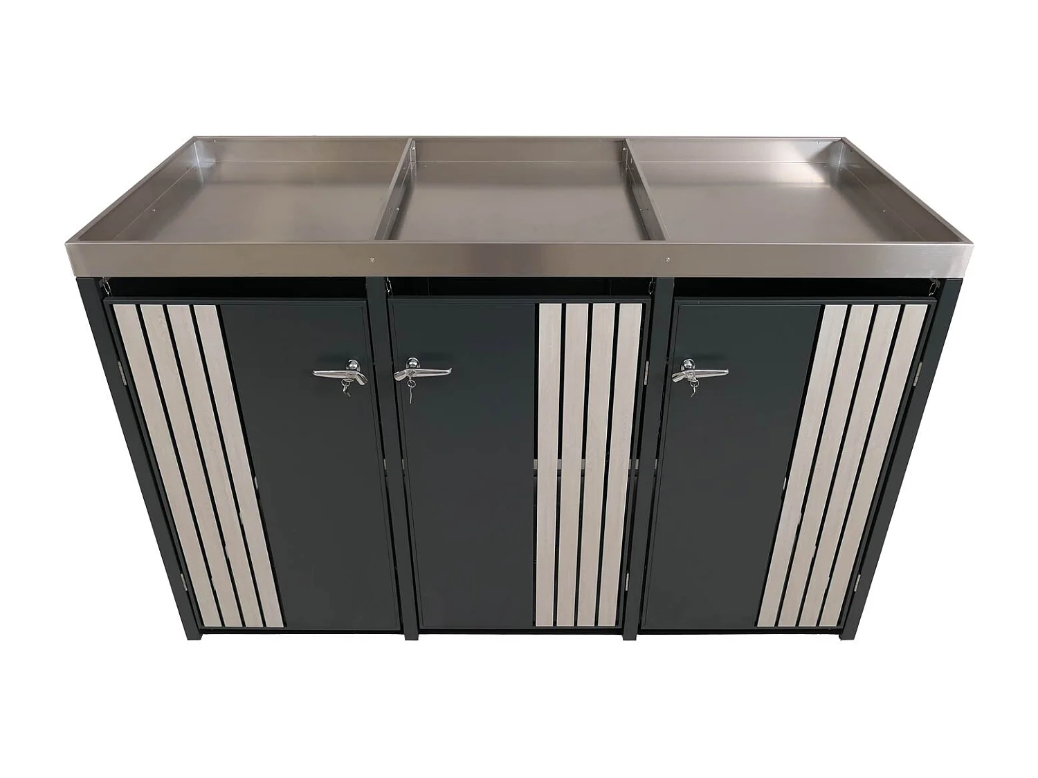 Copribidone triplo MCW-O67, copricassonetto con fioriera, metallo 125x196x84cm 75kg ~ antracite effetto legno chiaro