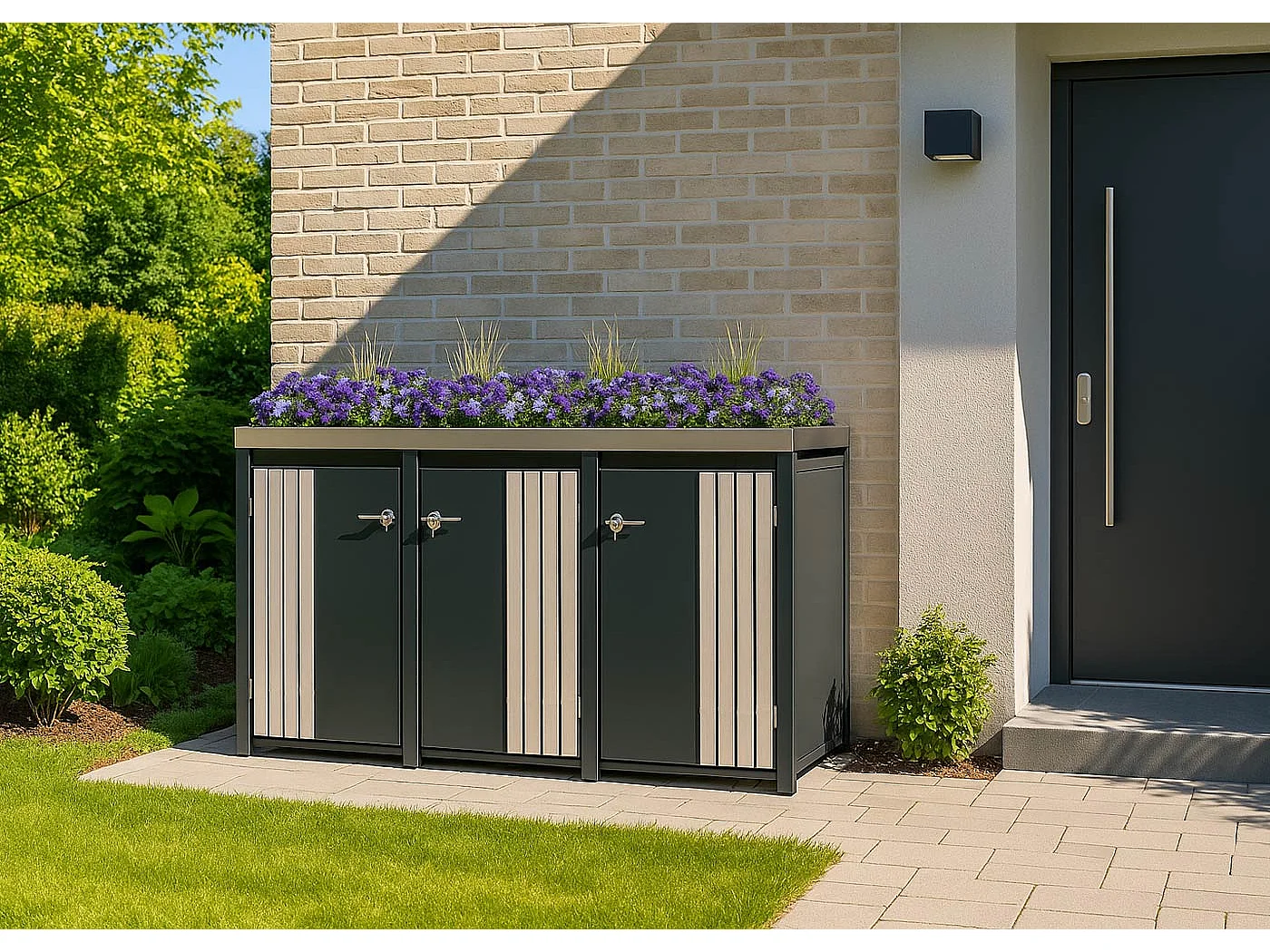 Copribidone triplo MCW-O67, copricassonetto con fioriera, metallo 125x196x84cm 75kg ~ antracite effetto legno chiaro