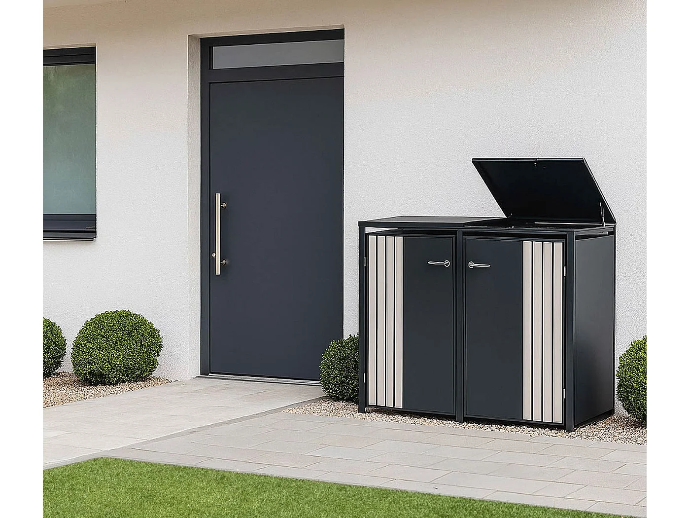 2er-Mülltonnenverkleidung MCW-O67, Anthrazit Holzoptik hell
