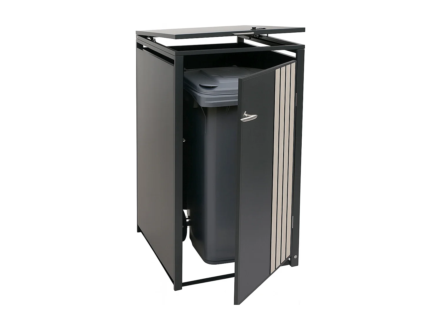 Copribidone singolo MCW-O67, copricassonetto con coperchio, metallo 122x68x84 cm 35 kg ~ antracite effetto legno chiaro