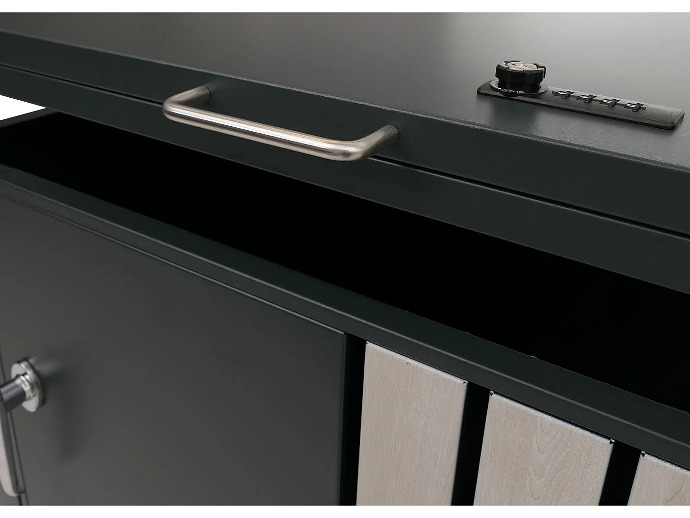 Copribidone singolo MCW-O67, copricassonetto con coperchio, metallo 122x68x84 cm 35 kg ~ antracite effetto legno chiaro