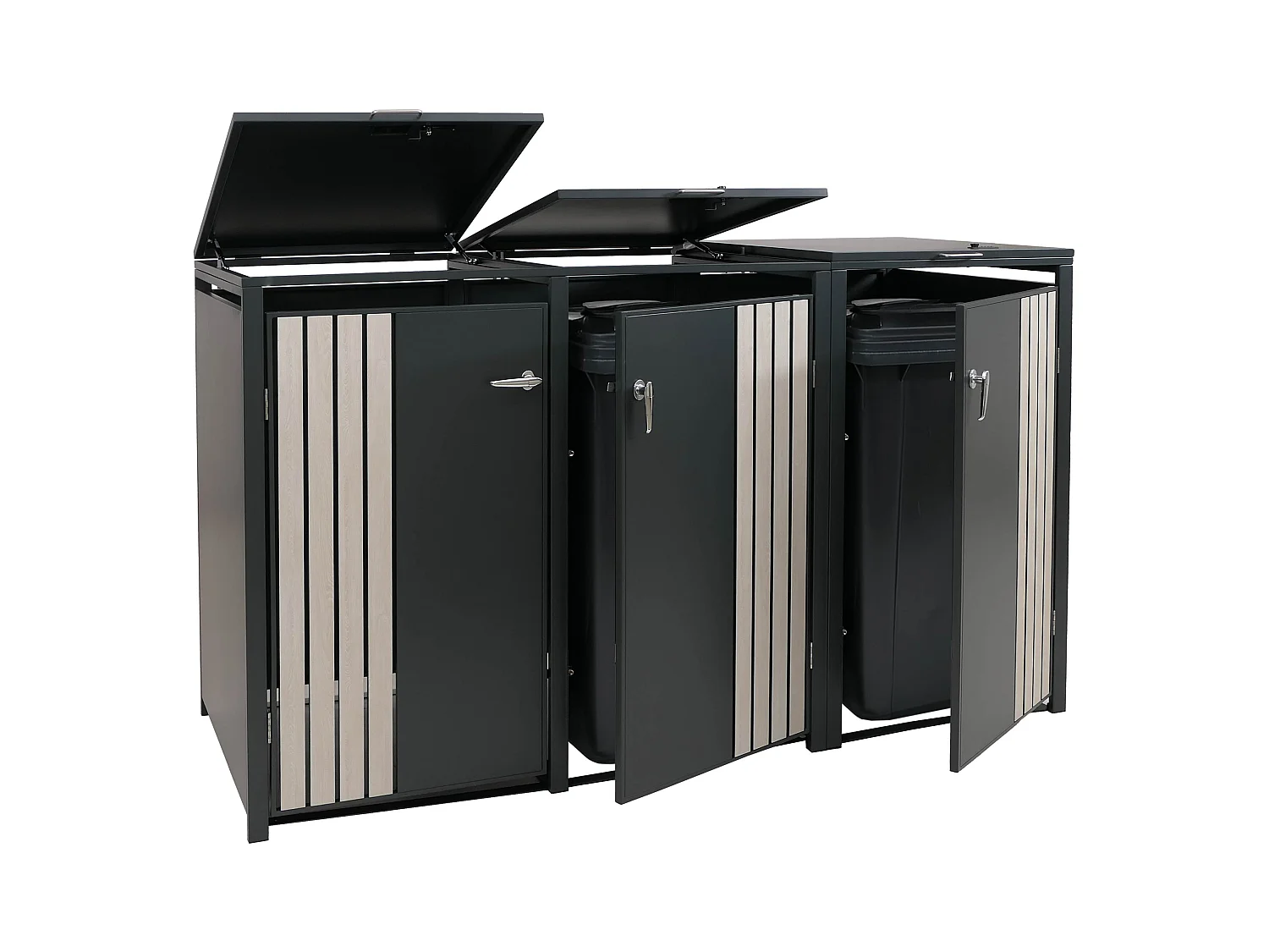 Osłona na trzy pojemniki na śmieci MCW-O67,  antracytowy, jasny wygląd drewna