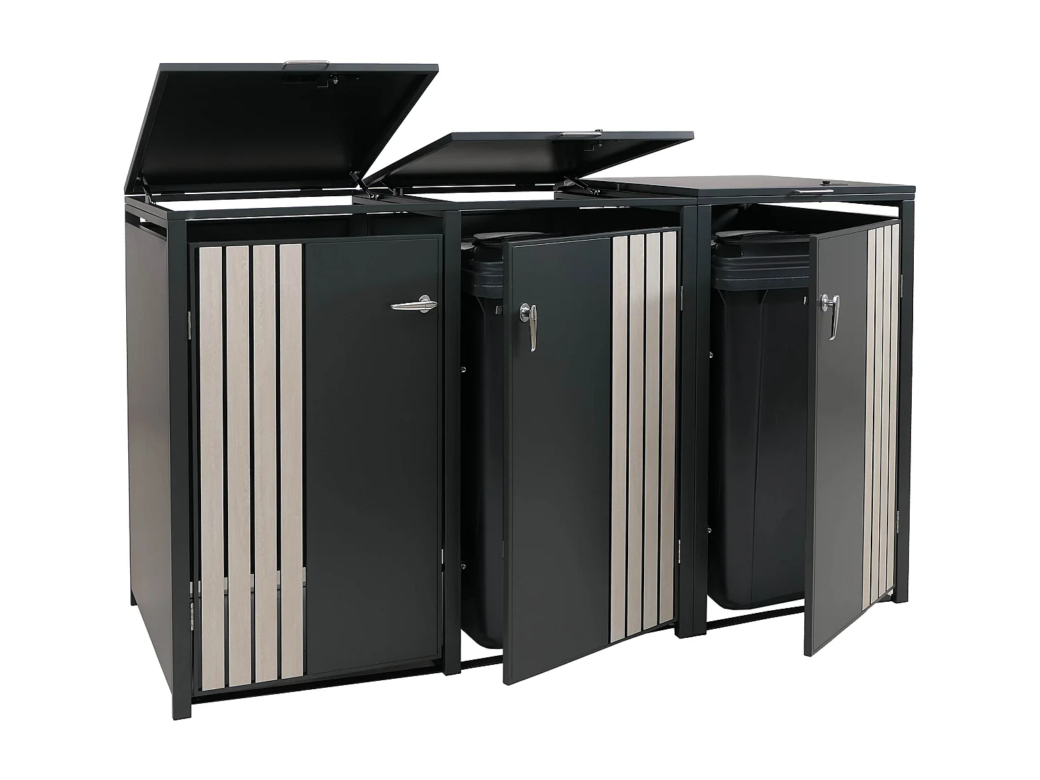 3er-Mülltonnenverkleidung MCW-O67, Anthrazit Holzoptik hell