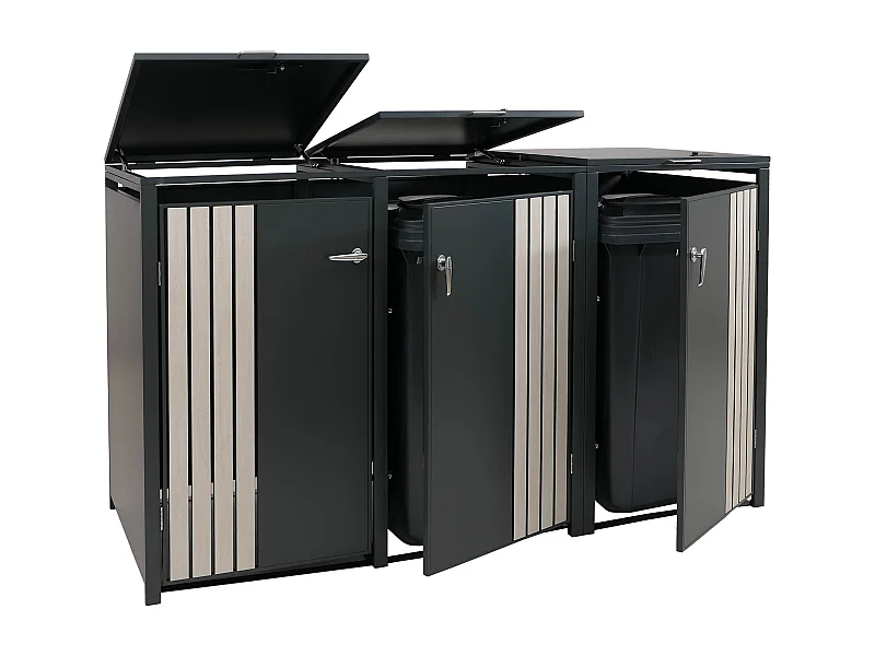 3er-Mülltonnenverkleidung MCW-O67, Anthrazit Holzoptik hell