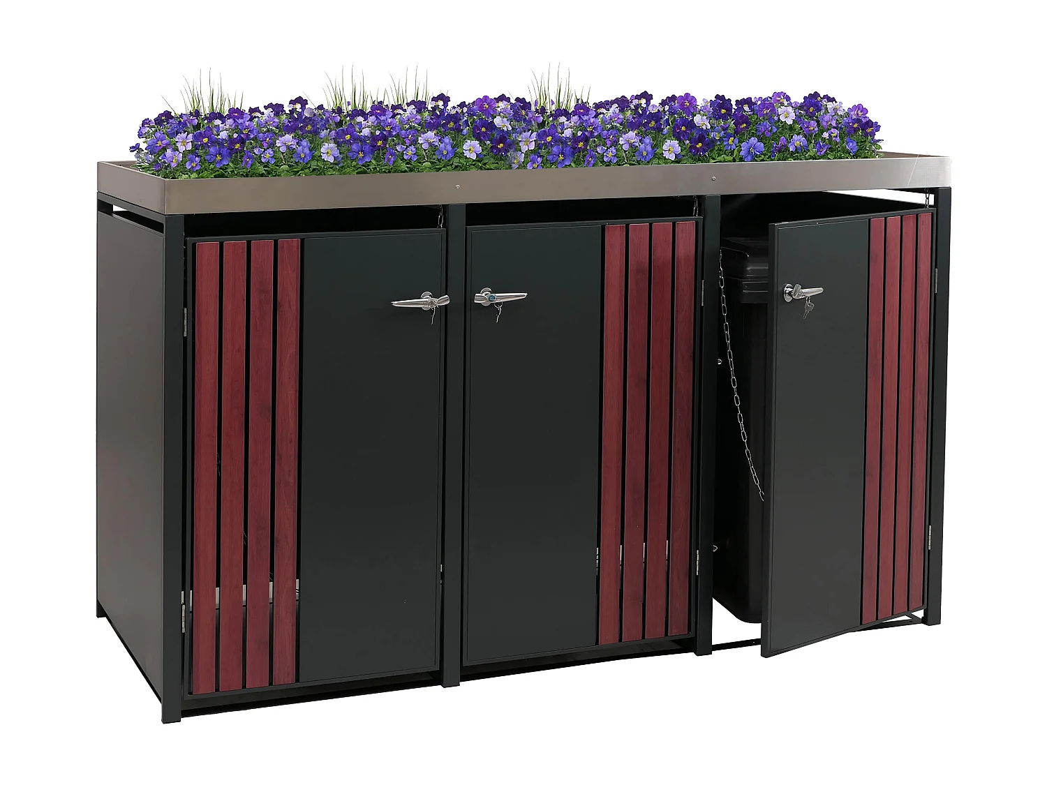 Copribidone triplo MCW-O67, copricassonetto con fioriera, metallo 125x196x84cm 75kg ~ antracite effetto legno scuro