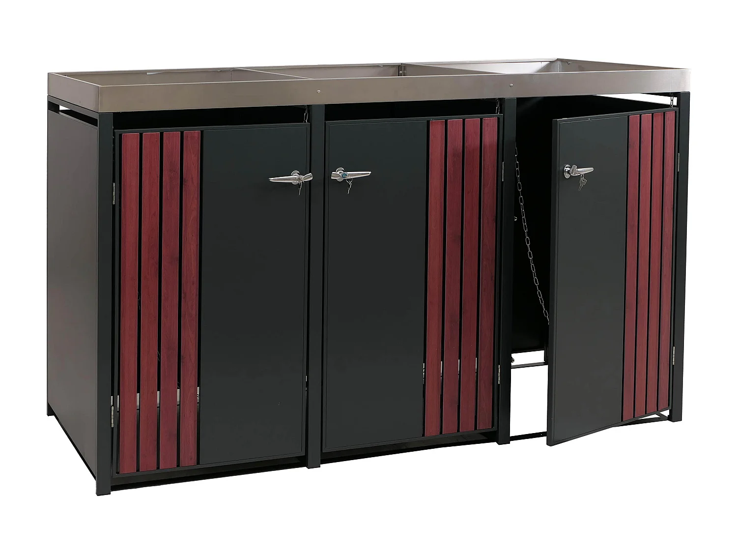 Copribidone triplo MCW-O67, copricassonetto con fioriera, metallo 125x196x84cm 75kg ~ antracite effetto legno scuro