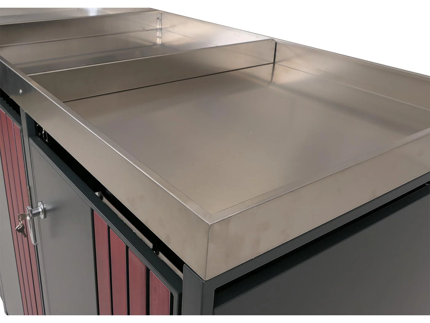 Copribidone triplo MCW-O67, copricassonetto con fioriera, metallo 125x196x84cm 75kg ~ antracite effetto legno scuro