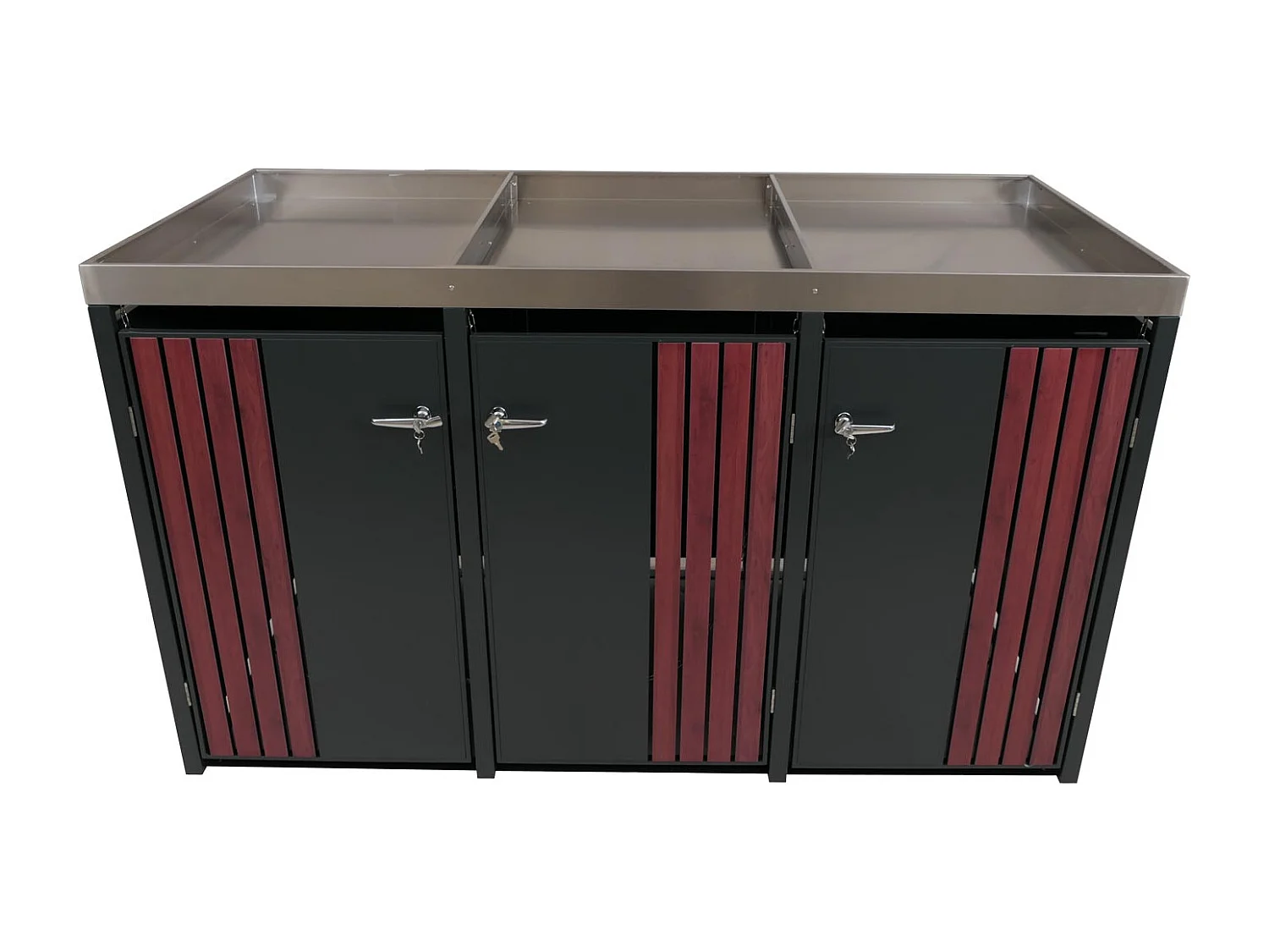 Copribidone triplo MCW-O67, copricassonetto con fioriera, metallo 125x196x84cm 75kg ~ antracite effetto legno scuro