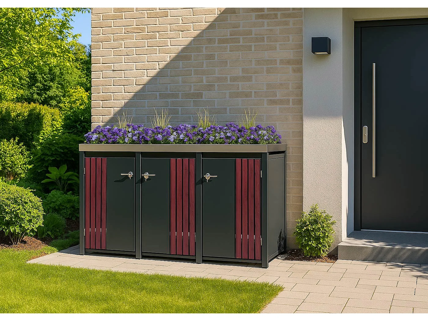 Copribidone triplo MCW-O67, copricassonetto con fioriera, metallo 125x196x84cm 75kg ~ antracite effetto legno scuro