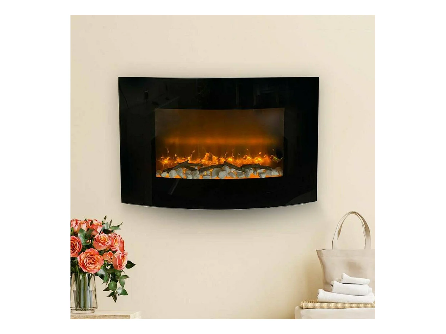 Cheminée Électrique Stockholm, Surface Chauffante 30 m² Made in Italy, 88.5x13.5x56h cm Noir