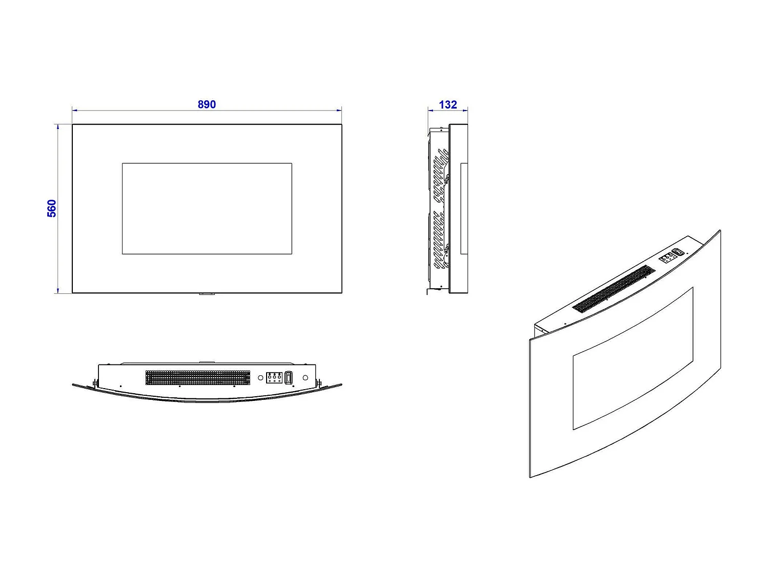 Cheminée Électrique Stockholm, Surface Chauffante 30 m² Made in Italy, 88.5x13.5x56h cm Noir