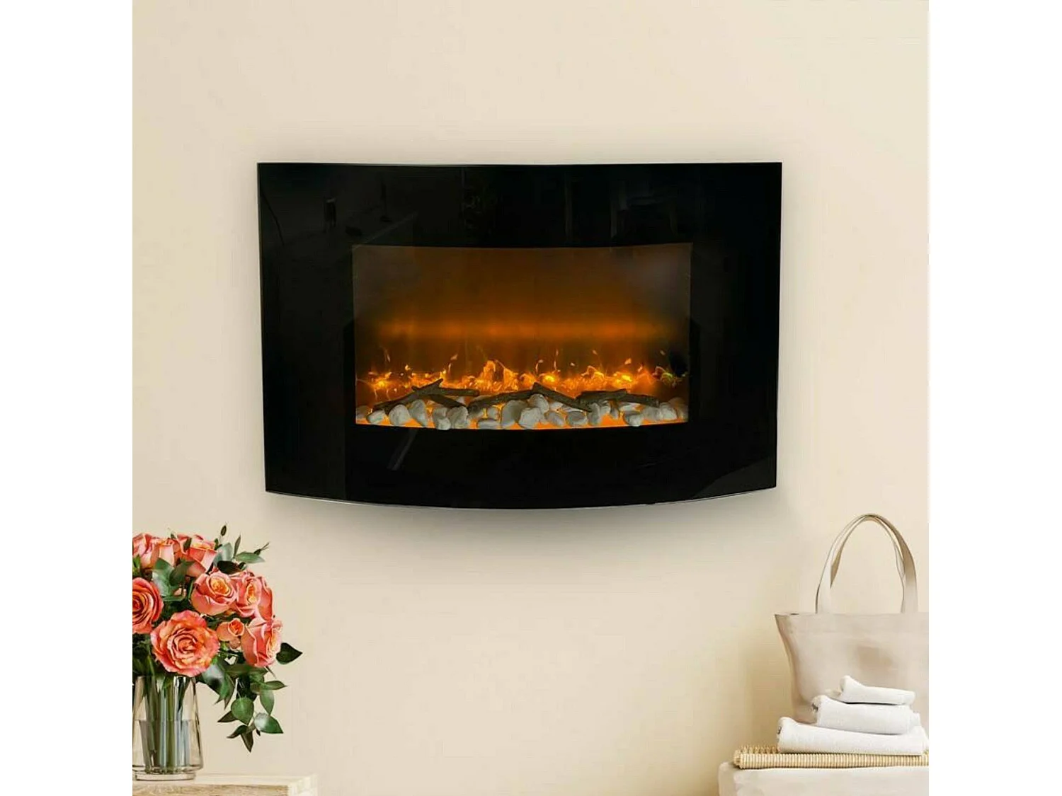 Cheminée Électrique Stockholm, Surface Chauffante 30 m² Made in Italy, 88.5x13.5x56h cm Noir