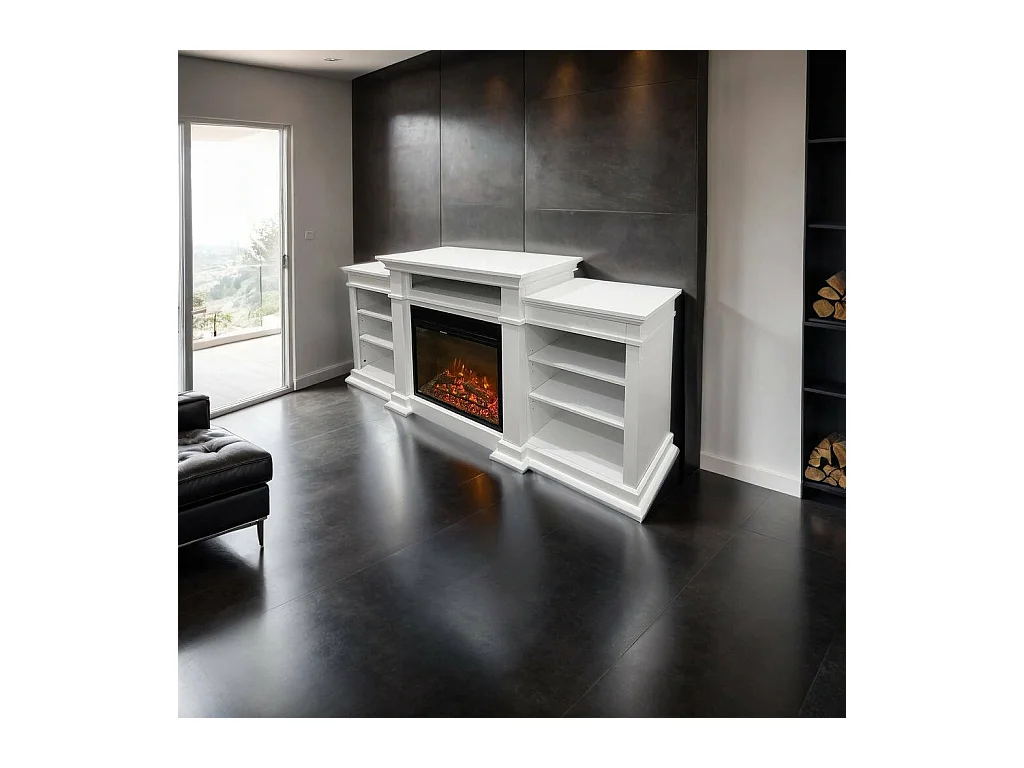 Cheminée Électrique Aramengo, Surface Chauffable 30 m2 Made in Italy, 48x179x80.6h cm Blanc