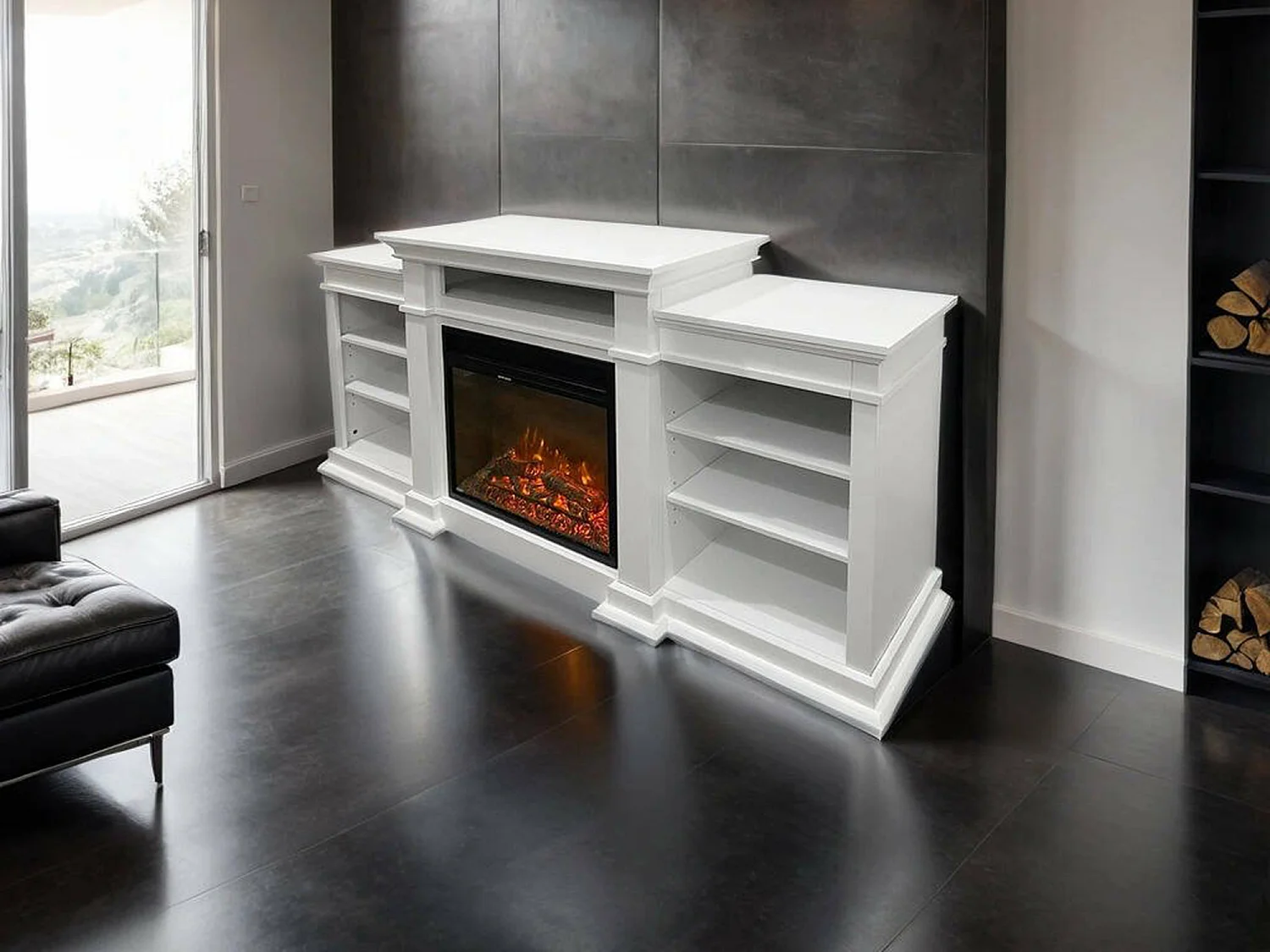 Cheminée Électrique Aramengo, Surface Chauffable 30 m2 Made in Italy, 48x179x80.6h cm Blanc