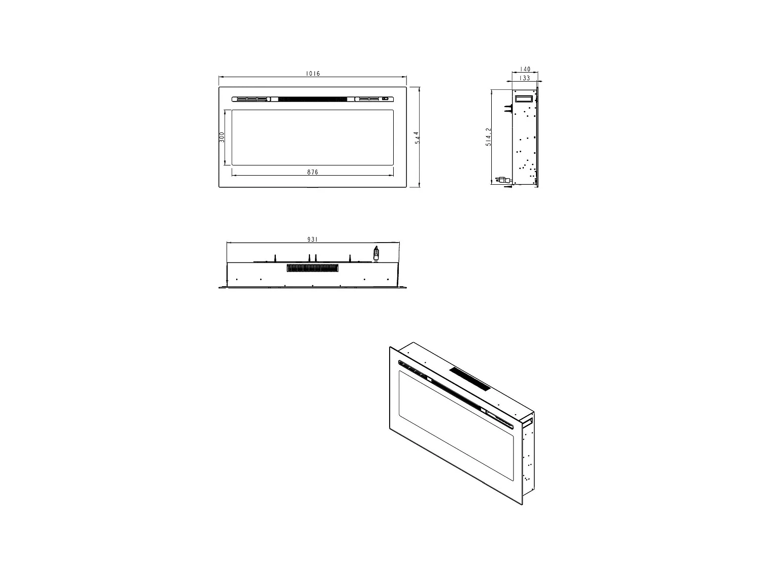 Cheminée Électrique Potoprens, Surface Chauffée 30 m2 Fabriquée en Italie, 101.6x14x54.6h cm Noir