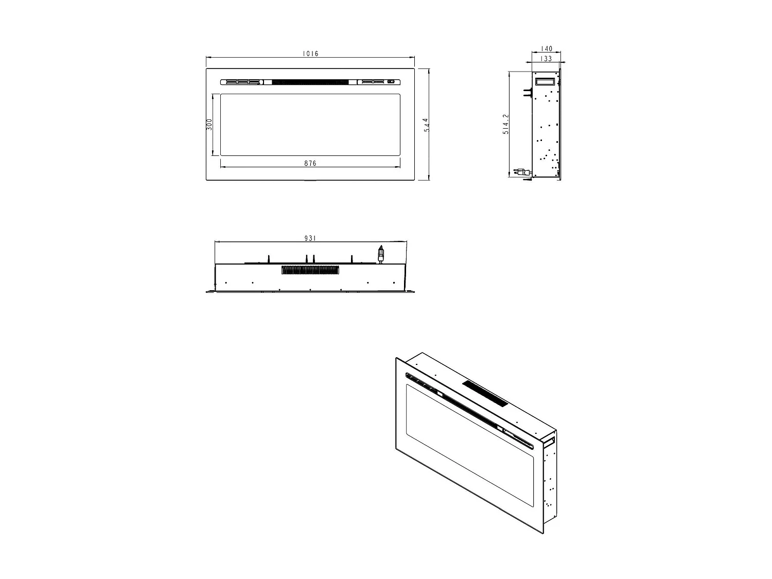 Cheminée Électrique Potoprens, Surface Chauffée 30 m2 Fabriquée en Italie, 101.6x14x54.6h cm Noir