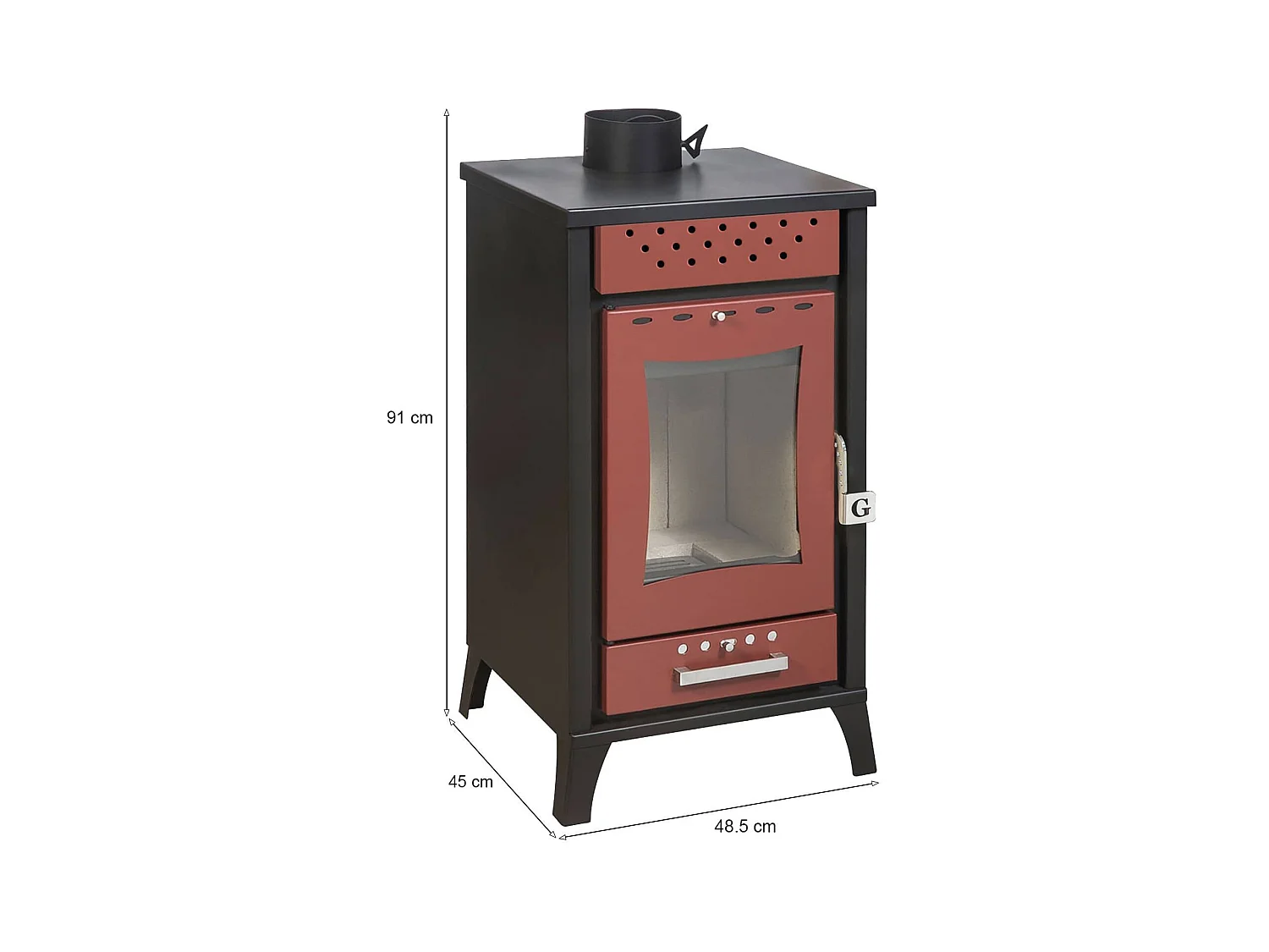 Poêle à bois Agropoli, Volume chauffant 204 m3 Made in Italy, 45,5x48,5x91h cm Rouge