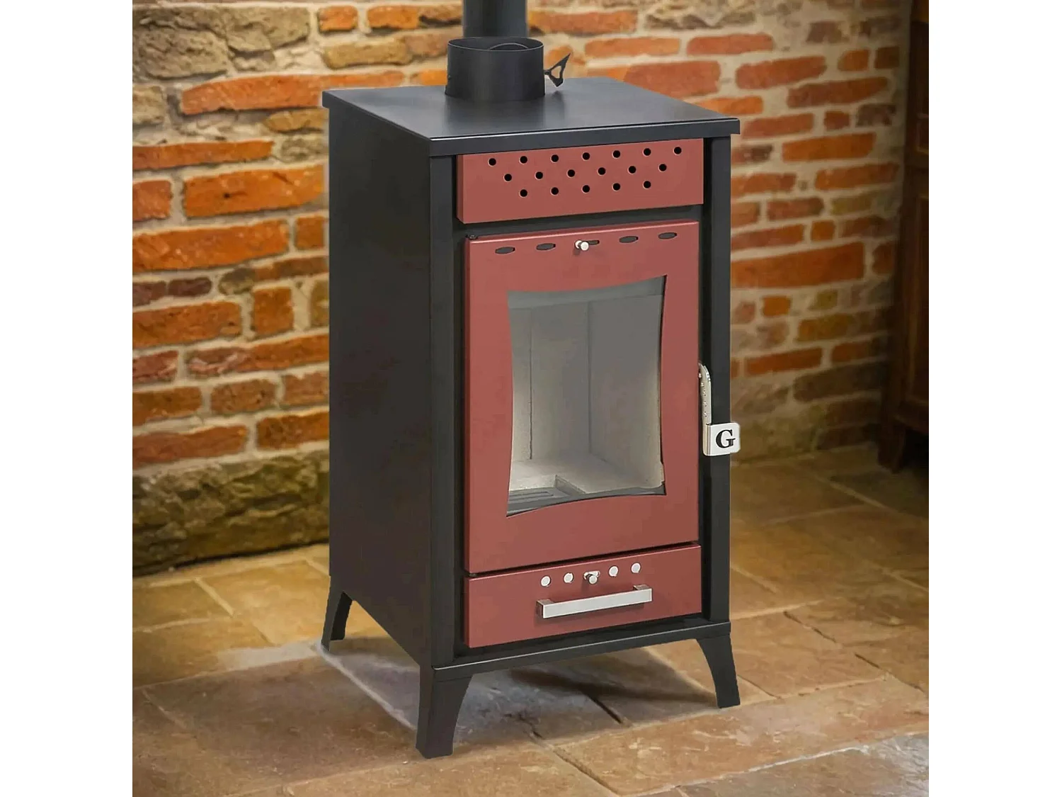 Poêle à bois Agropoli, Volume chauffant 204 m3 Made in Italy, 45,5x48,5x91h cm Rouge