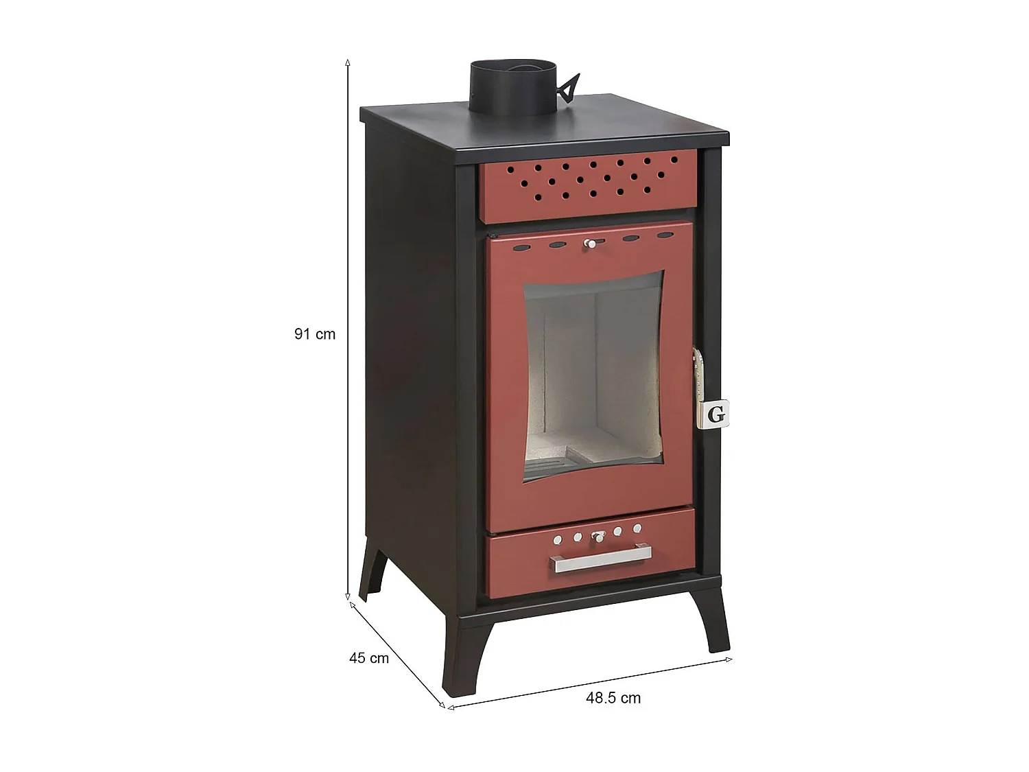 Poêle à bois Agropoli, Volume chauffant 204 m3 Made in Italy, 45,5x48,5x91h cm Rouge