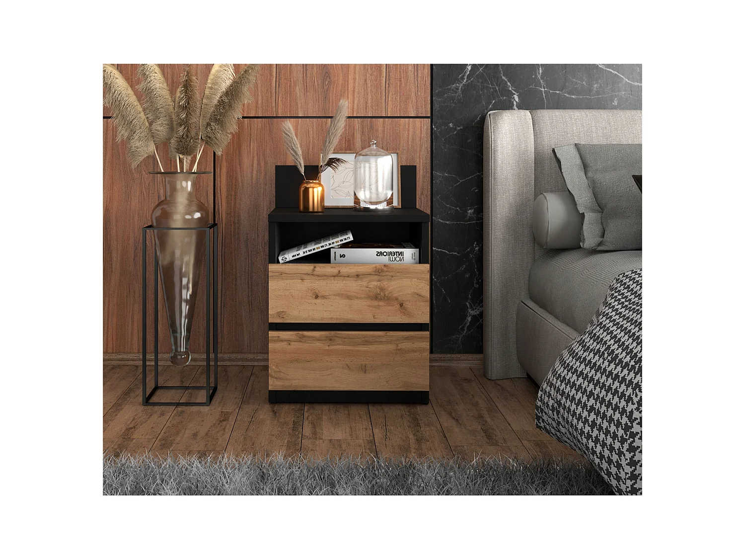 Table de chevet noire / Chêne Wotan – 40 cm, 2 tiroirs + étagère, meuble pour chambre à coucher