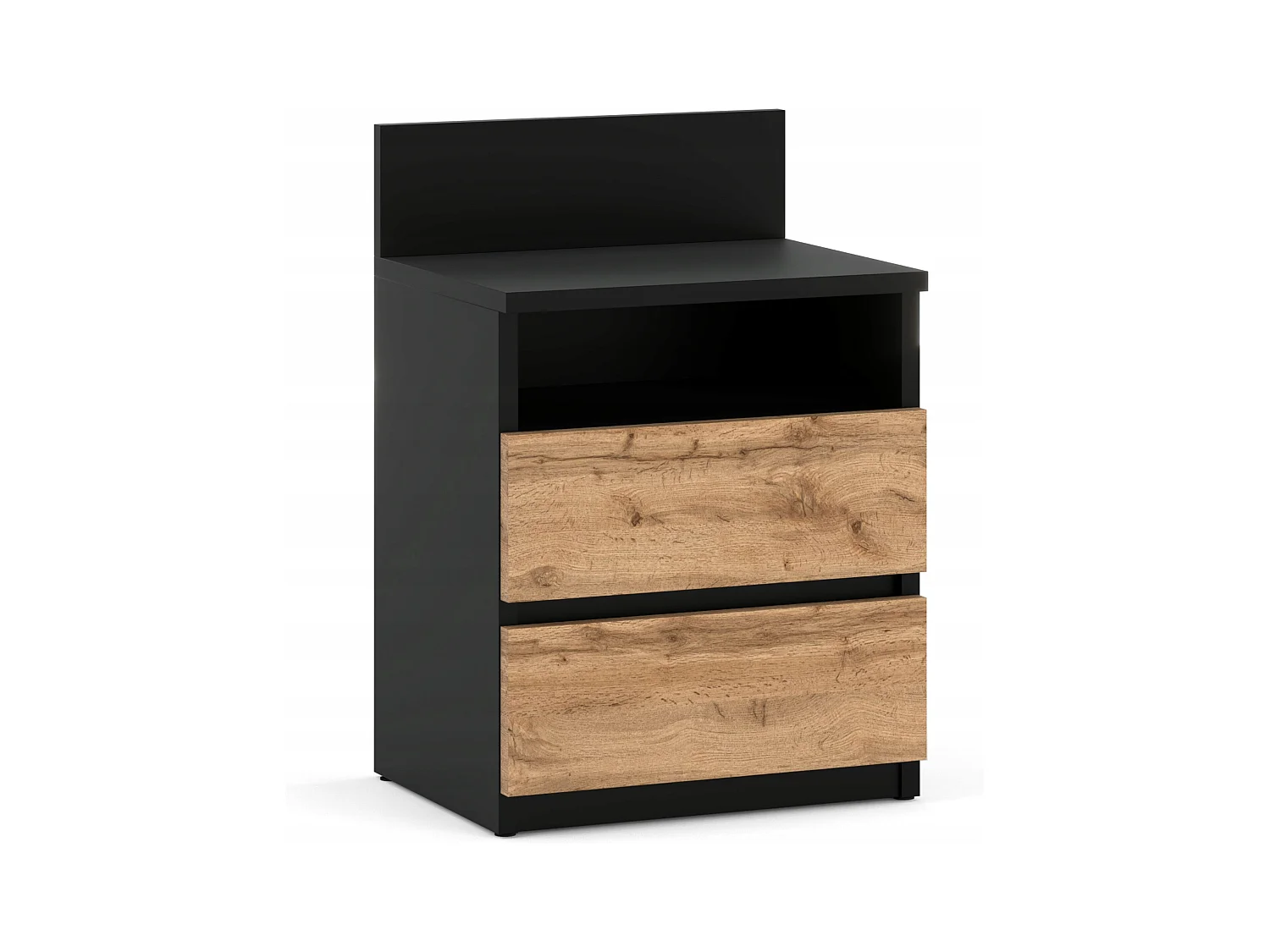 Table de chevet noire / Chêne Wotan – 40 cm, 2 tiroirs + étagère, meuble pour chambre à coucher