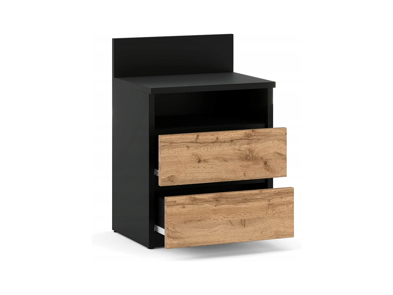 Table de chevet noire / Chêne Wotan – 40 cm, 2 tiroirs + étagère, meuble pour chambre à coucher