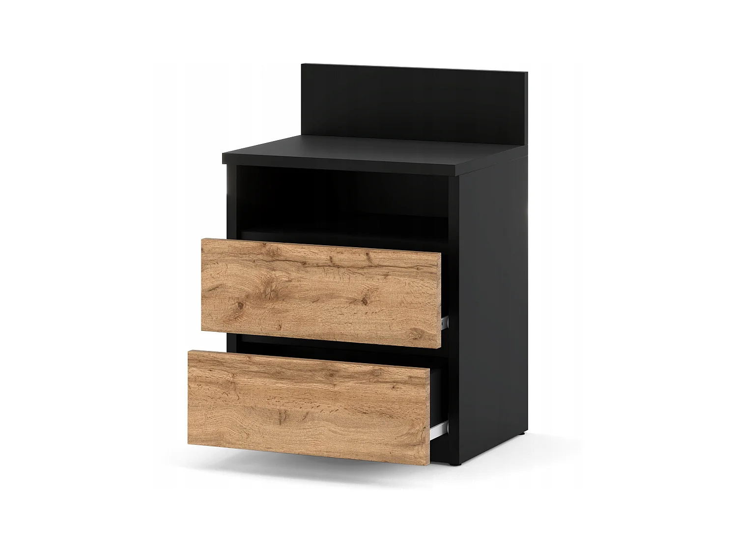 Table de chevet noire / Chêne Wotan – 40 cm, 2 tiroirs + étagère, meuble pour chambre à coucher