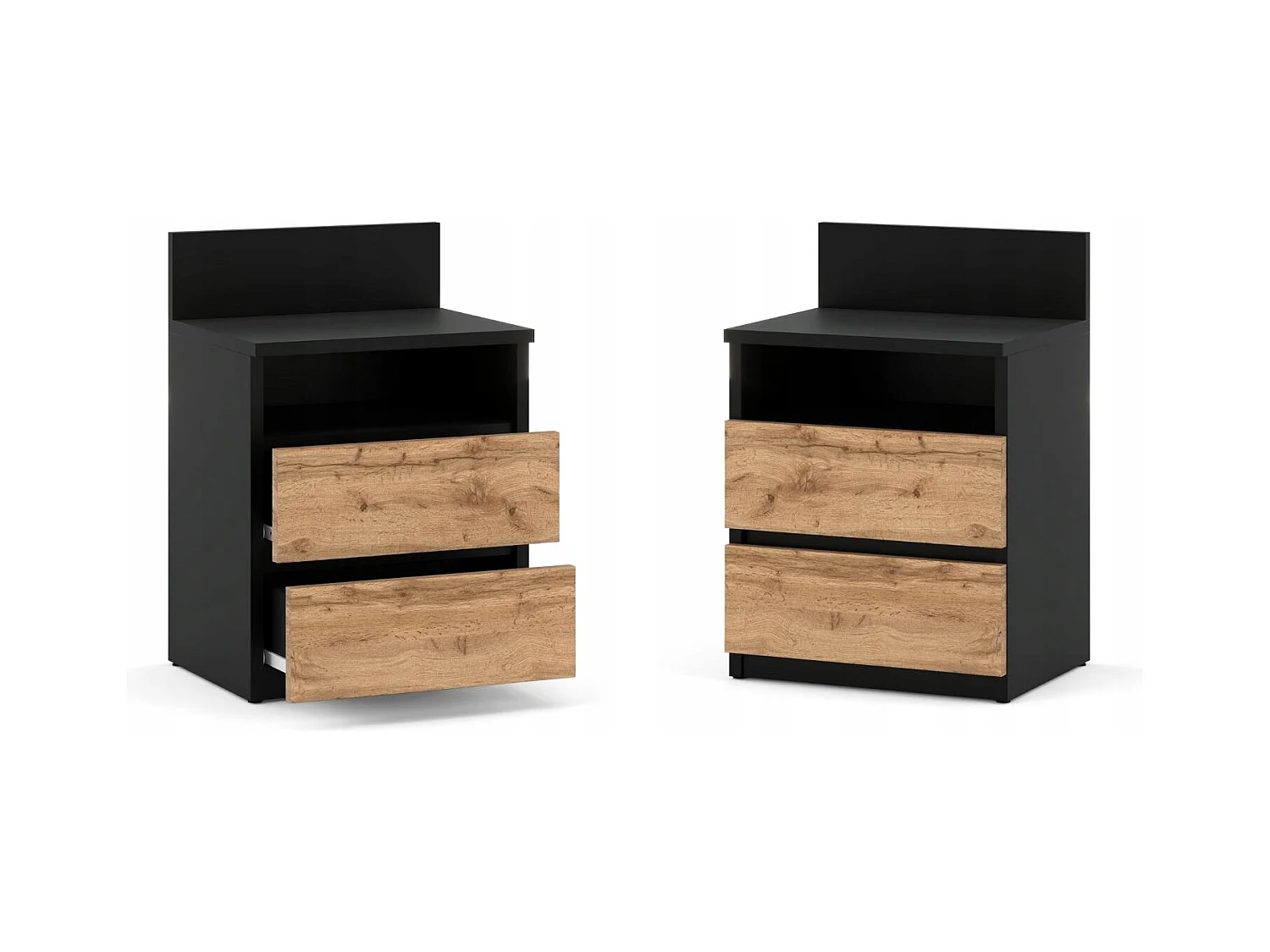Table de chevet noire / Chêne Wotan – 40 cm, 2 tiroirs + étagère, meuble pour chambre à coucher