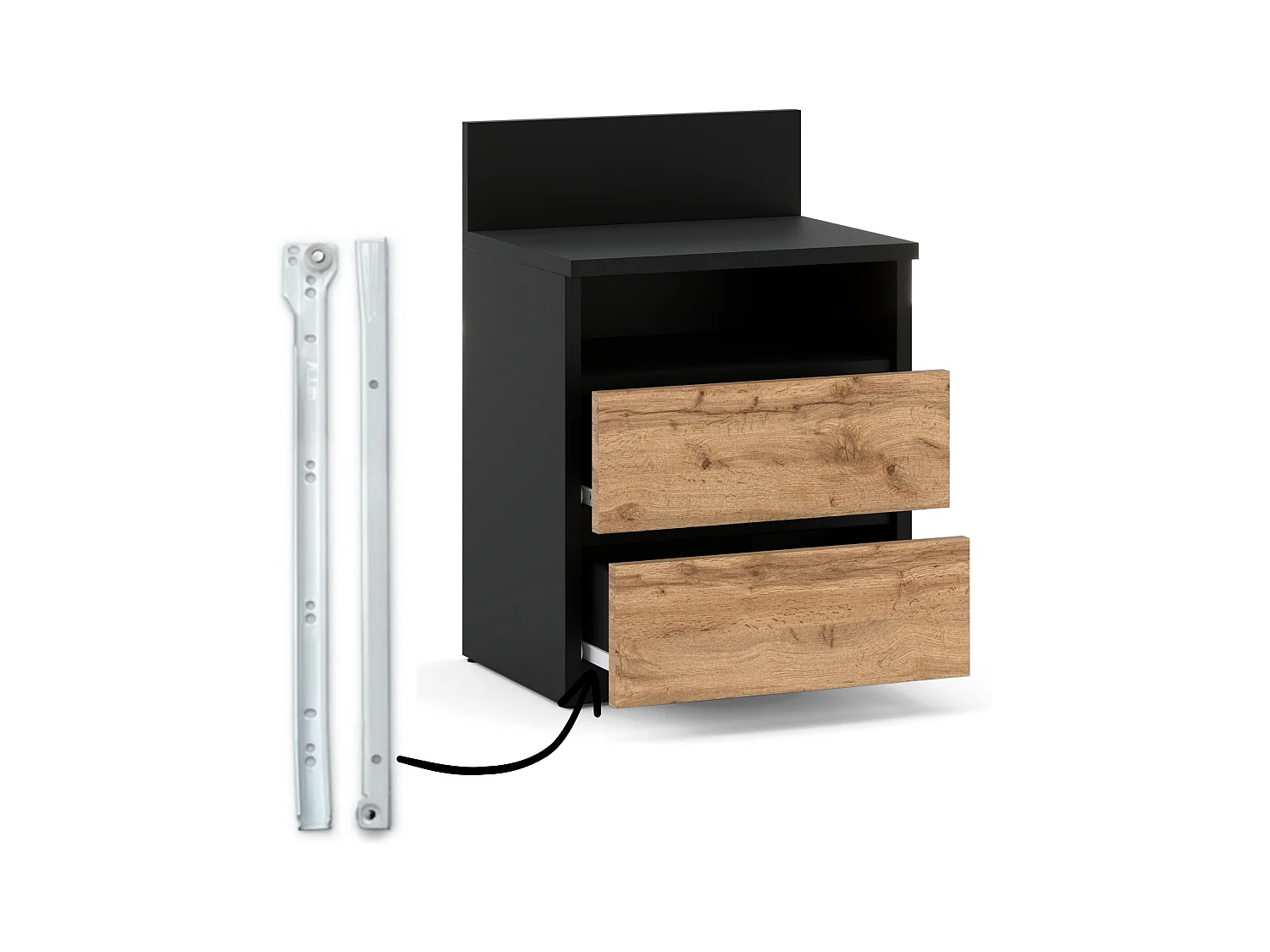 Table de chevet noire / Chêne Wotan – 40 cm, 2 tiroirs + étagère, meuble pour chambre à coucher