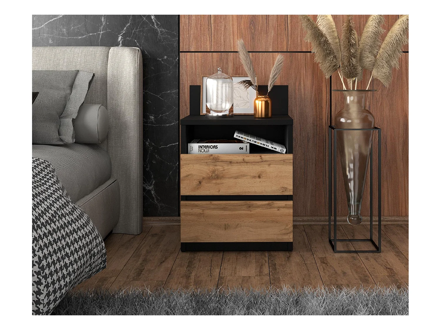 Table de chevet noire / Chêne Wotan – 40 cm, 2 tiroirs + étagère, meuble pour chambre à coucher