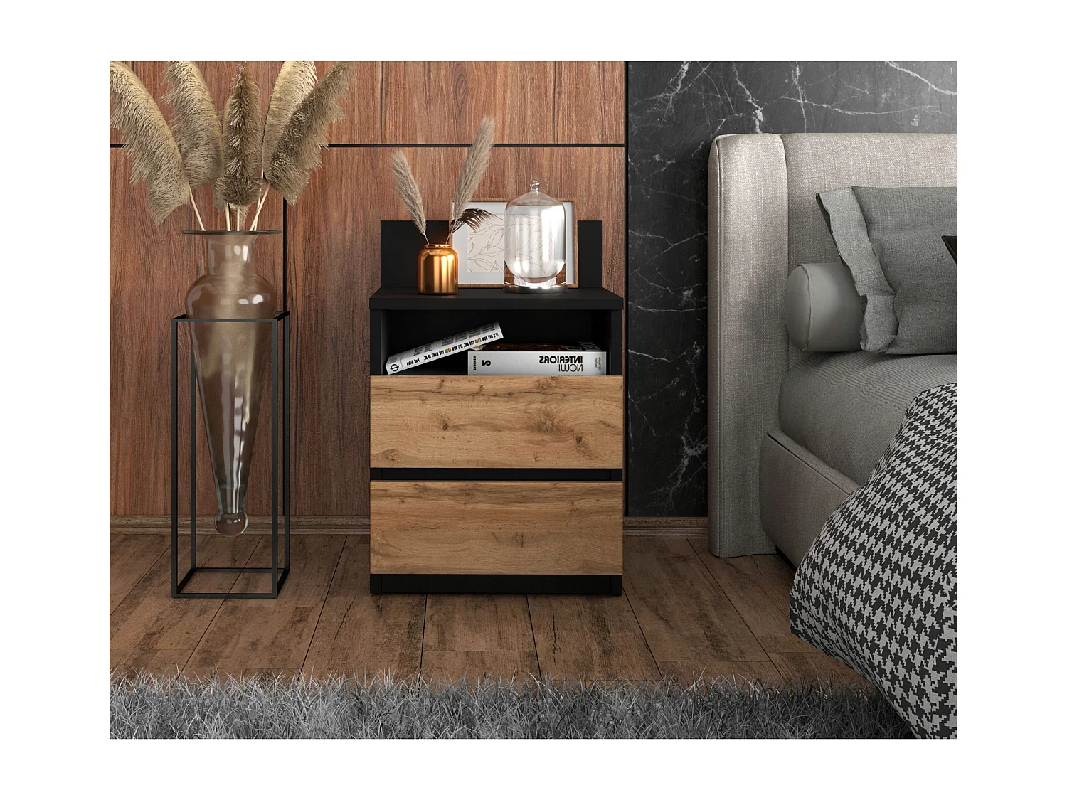 Table de chevet noire / Chêne Wotan – 40 cm, 2 tiroirs + étagère, meuble pour chambre à coucher