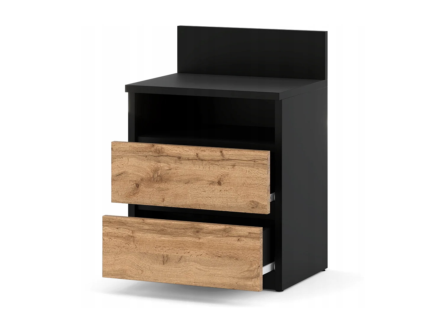 Table de chevet noire / Chêne Wotan – 40 cm, 2 tiroirs + étagère, meuble pour chambre à coucher