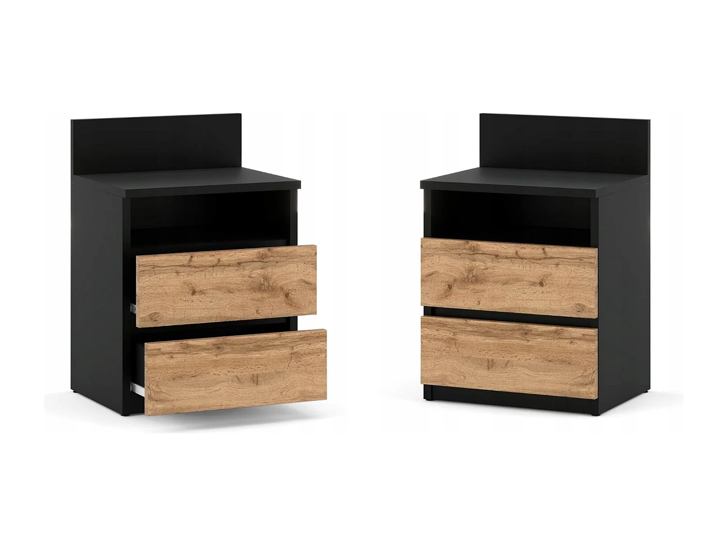 Table de chevet noire / Chêne Wotan – 40 cm, 2 tiroirs + étagère, meuble pour chambre à coucher