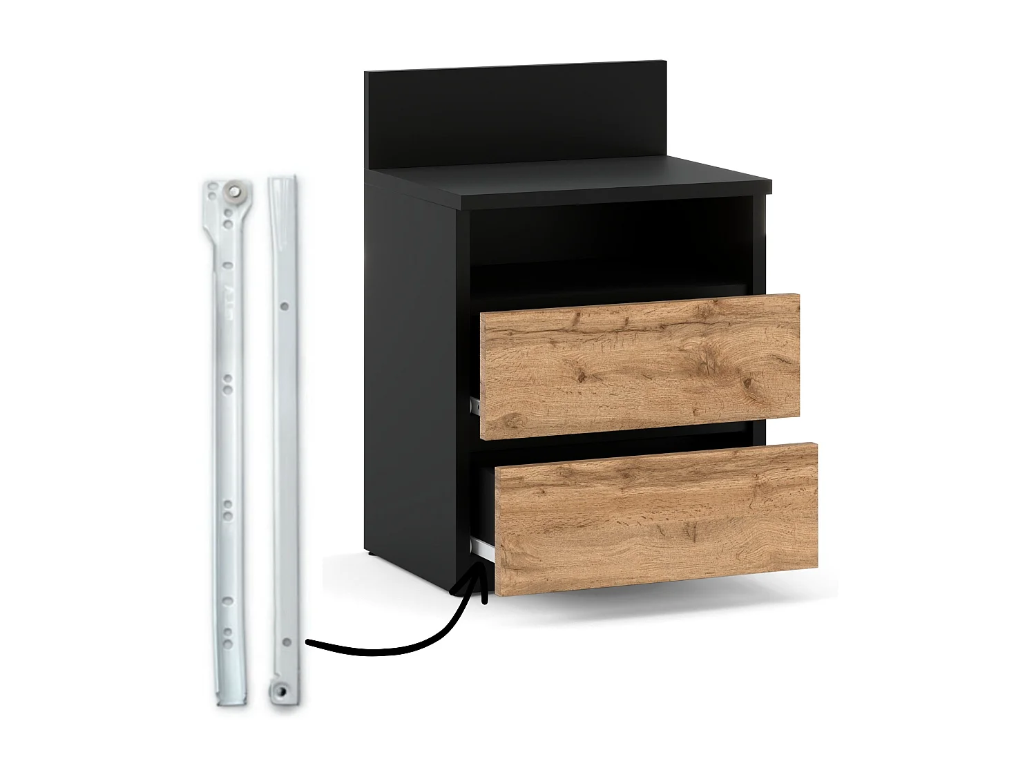 Table de chevet noire / Chêne Wotan – 40 cm, 2 tiroirs + étagère, meuble pour chambre à coucher