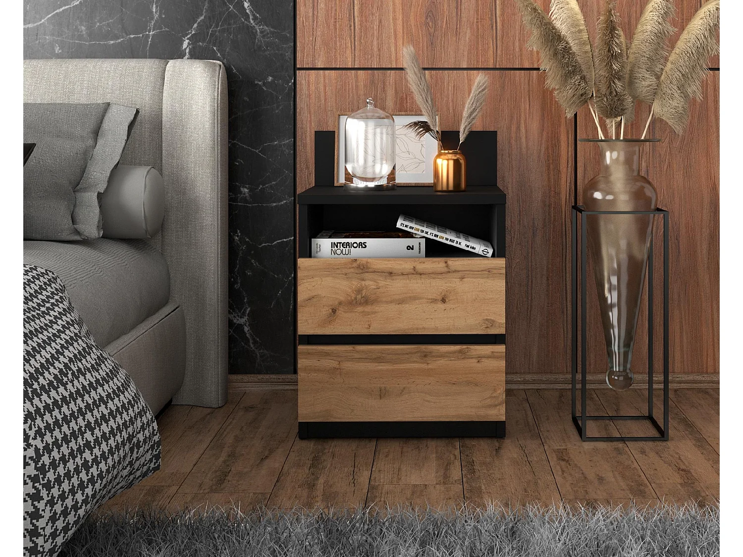 Table de chevet noire / Chêne Wotan – 40 cm, 2 tiroirs + étagère, meuble pour chambre à coucher