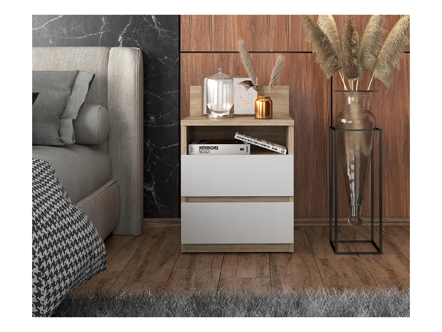 Table de chevet Chêne Sonoma Blanc 40 CM 2 tiroirs 1 étagère – Meuble pour chambre à coucher