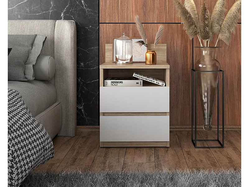 Table de chevet Chêne Sonoma Blanc 40 CM 2 tiroirs 1 étagère – Meuble pour chambre à coucher