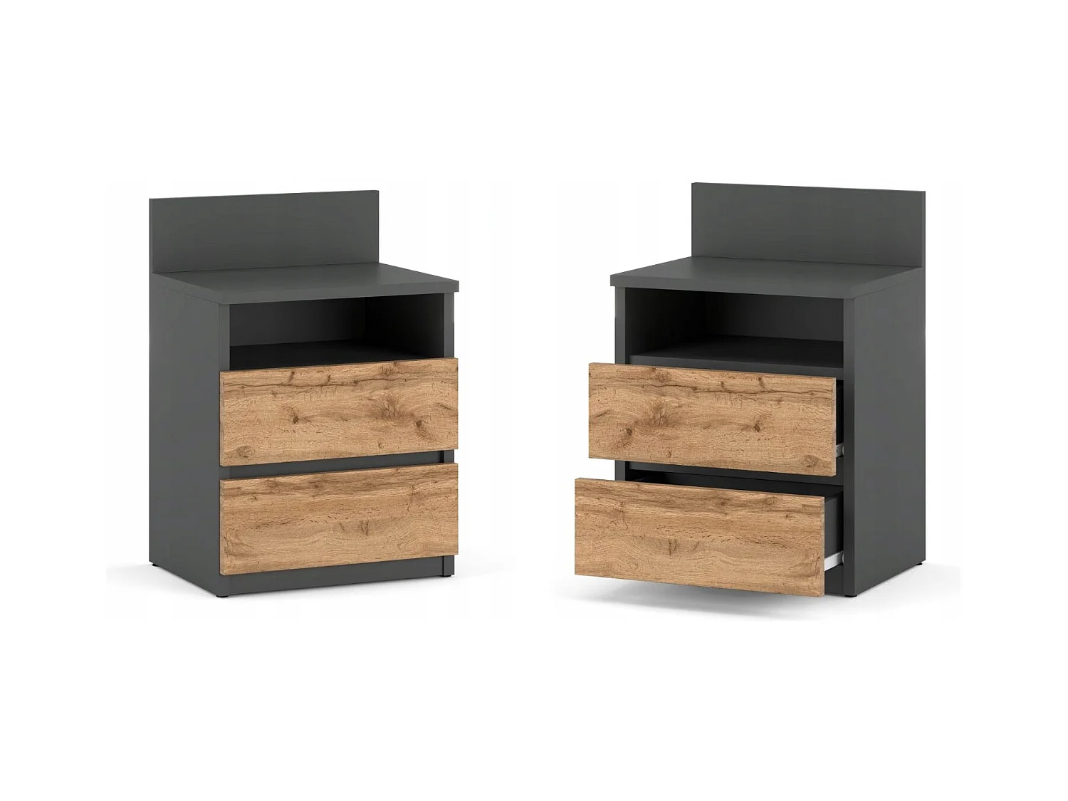 Table de chevet Gris Chêne Wotan, 40 cm, 2 tiroirs, table de nuit pour chambre à coucher
