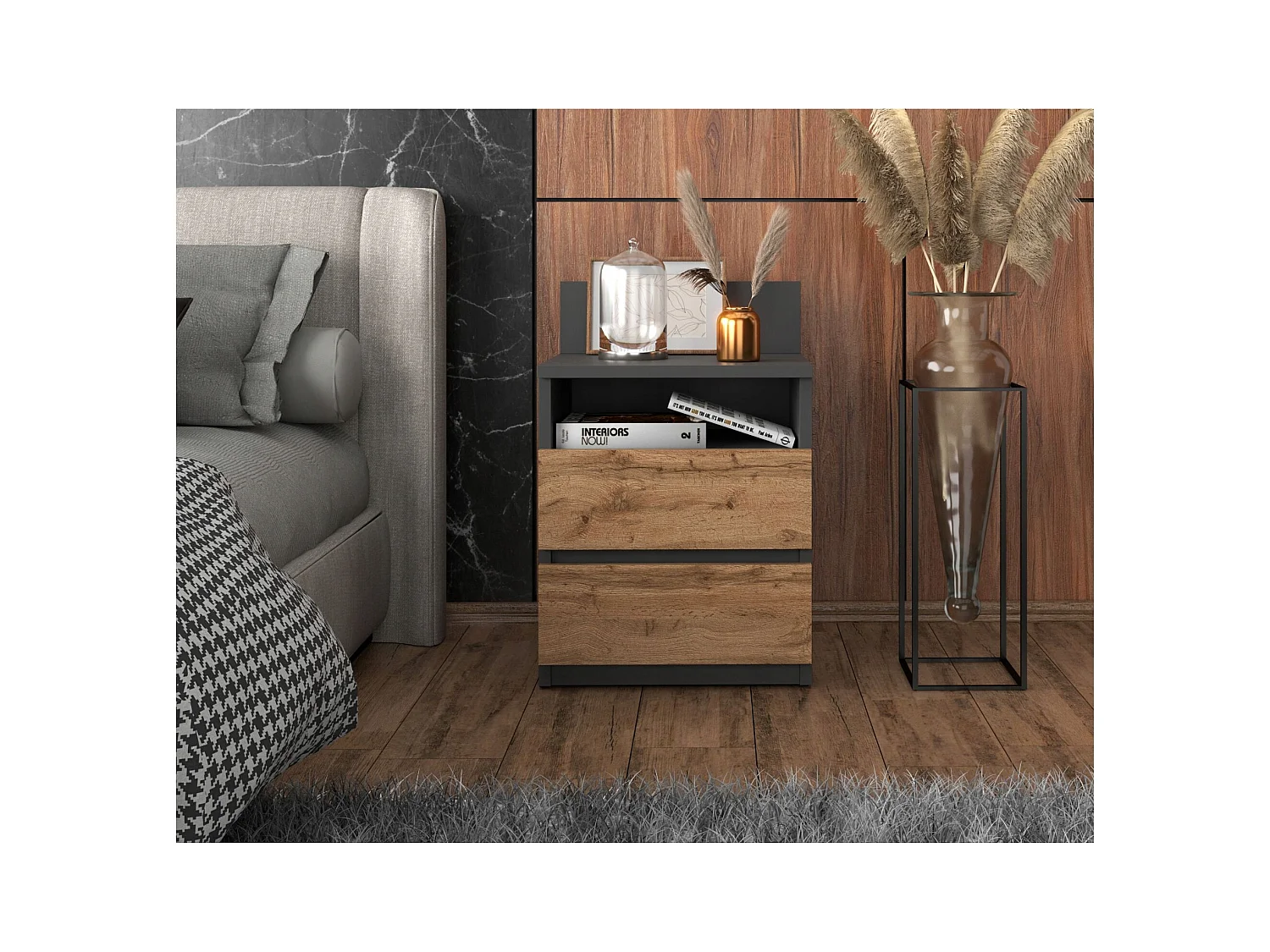 Table de chevet Gris Chêne Wotan, 40 cm, 2 tiroirs, table de nuit pour chambre à coucher