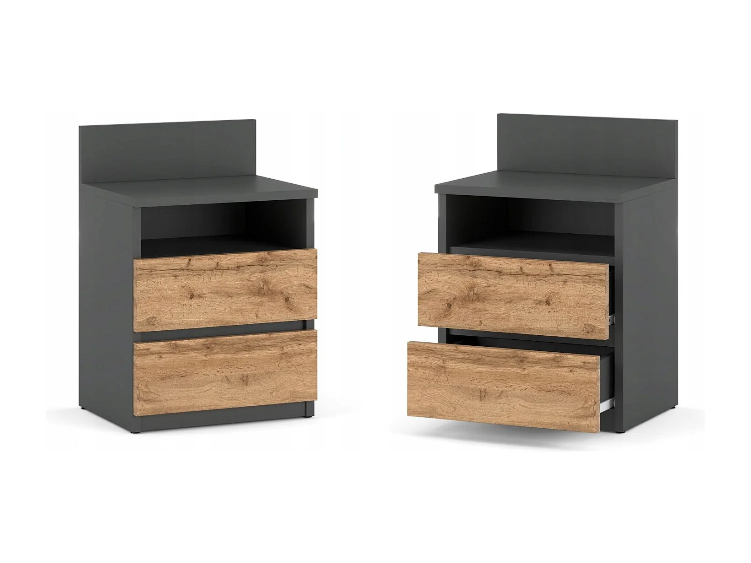 Table de chevet Gris Chêne Wotan, 40 cm, 2 tiroirs, table de nuit pour chambre à coucher