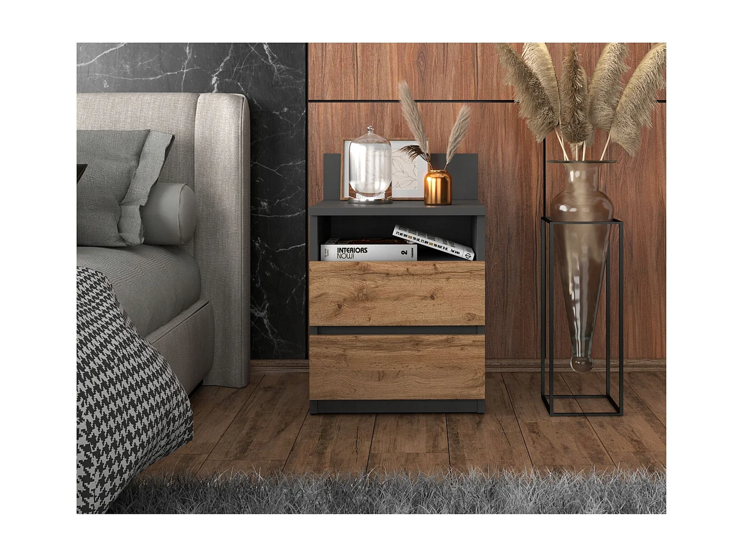 Table de chevet Gris Chêne Wotan, 40 cm, 2 tiroirs, table de nuit pour chambre à coucher