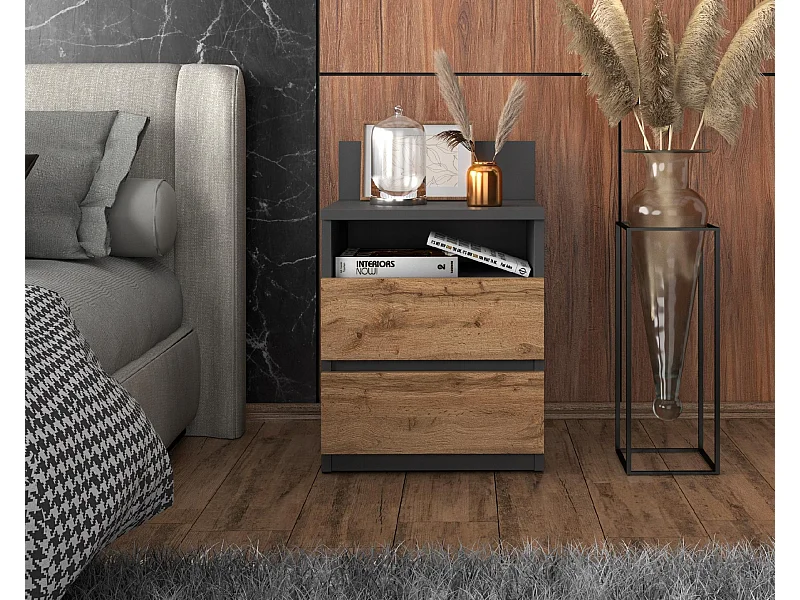 Table de chevet Gris Chêne Wotan, 40 cm, 2 tiroirs, table de nuit pour chambre à coucher
