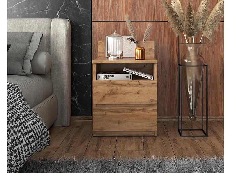 Table de chevet Wotan 40 CM 2 tiroirs 1 étagère – Meuble de chambre à coucher