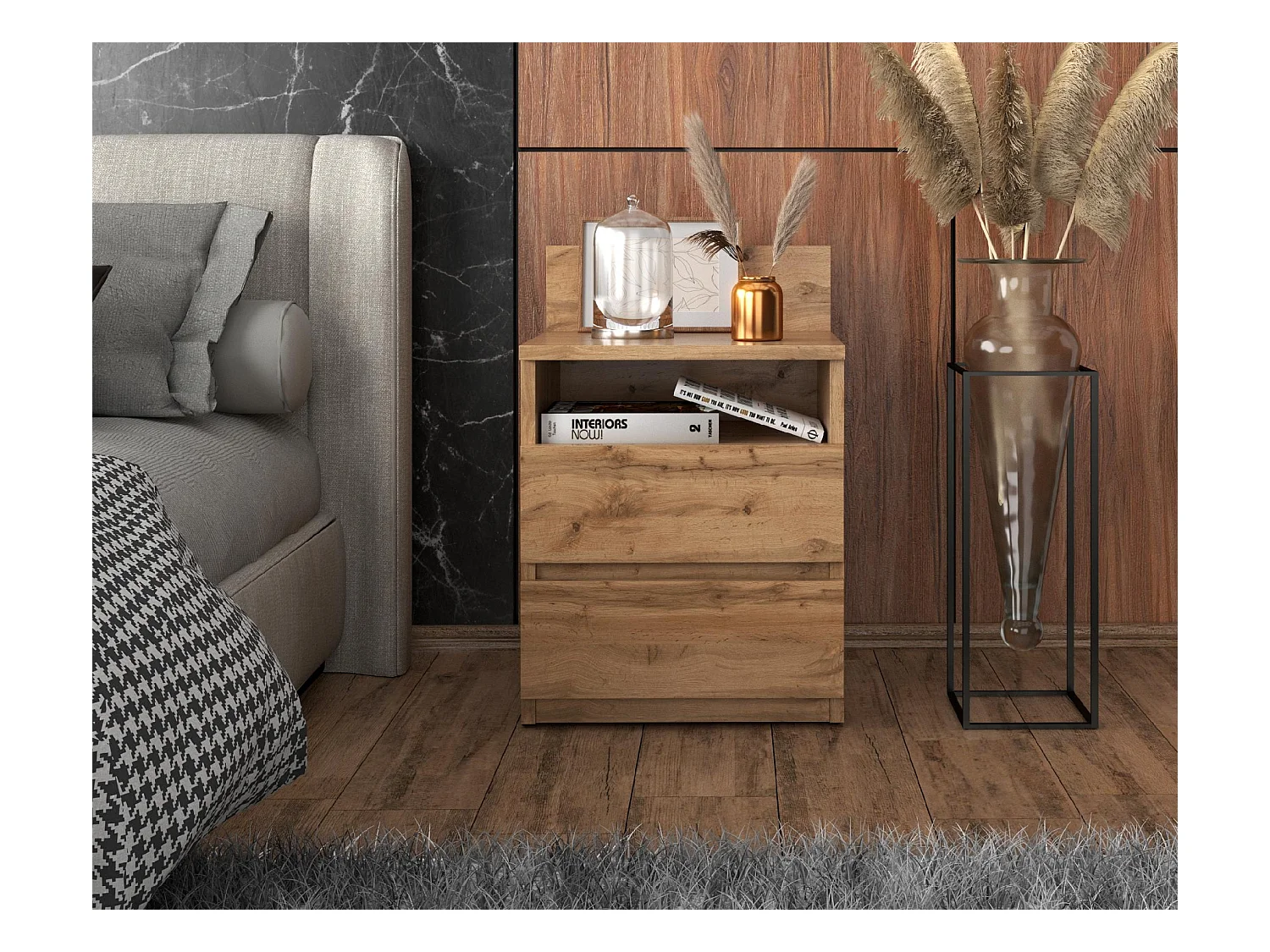 Table de chevet Wotan 40 CM 2 tiroirs 1 étagère – Meuble de chambre à coucher