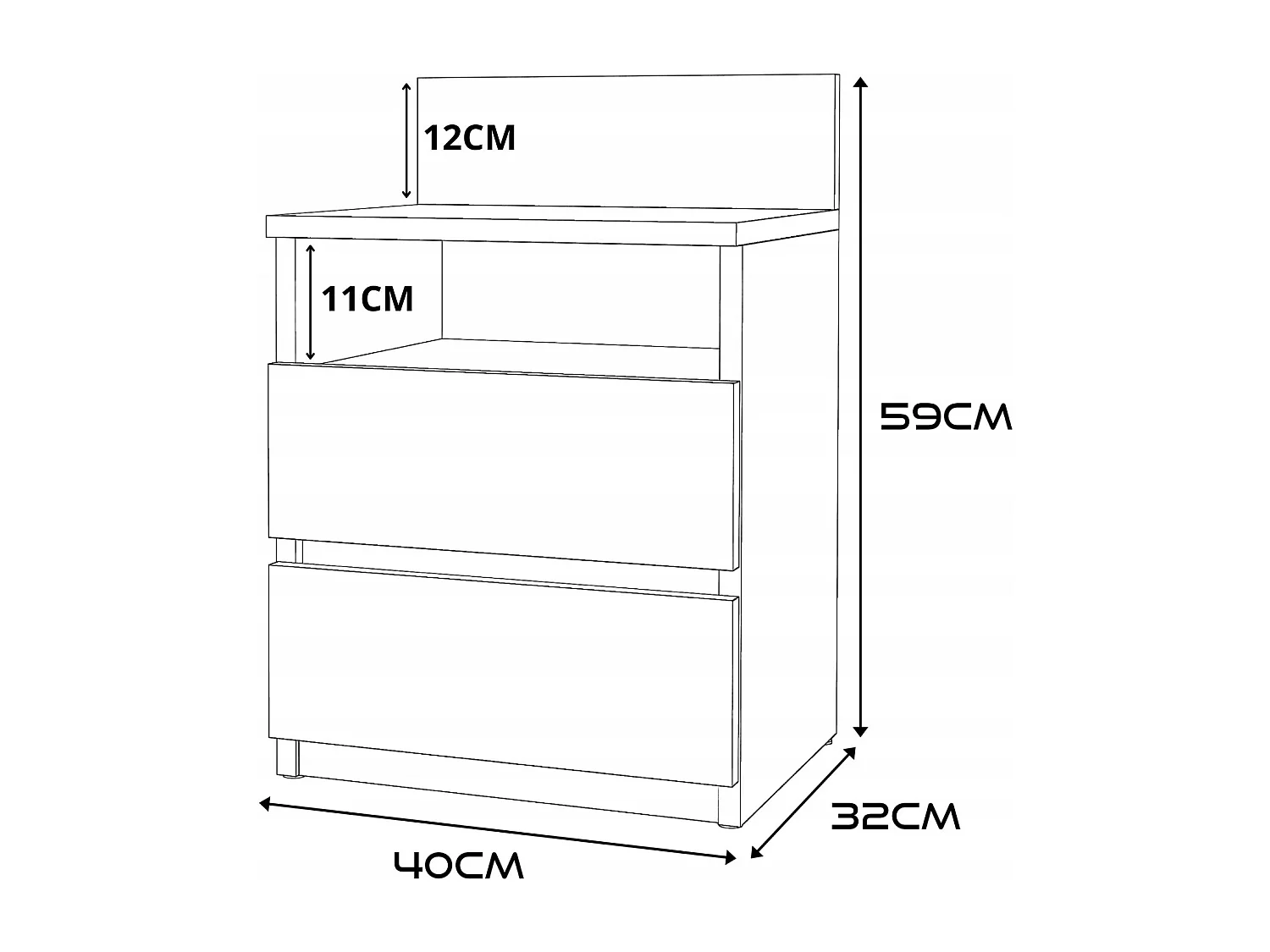 Table de chevet Wotan 40 CM 2 tiroirs 1 étagère – Meuble de chambre à coucher