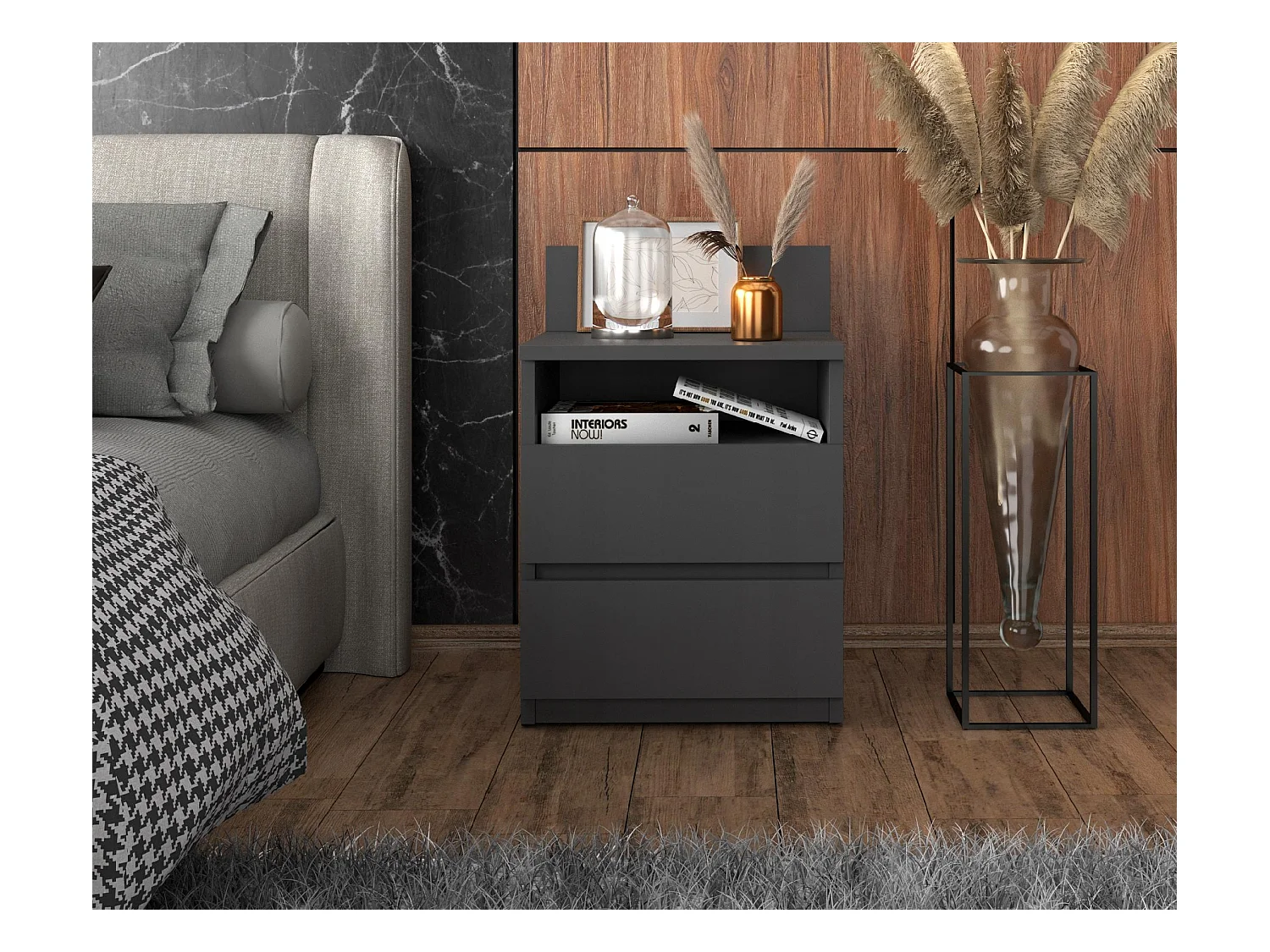 Table de chevet gris 40 cm, 2 tiroirs, meuble de nuit pour chambre à coucher