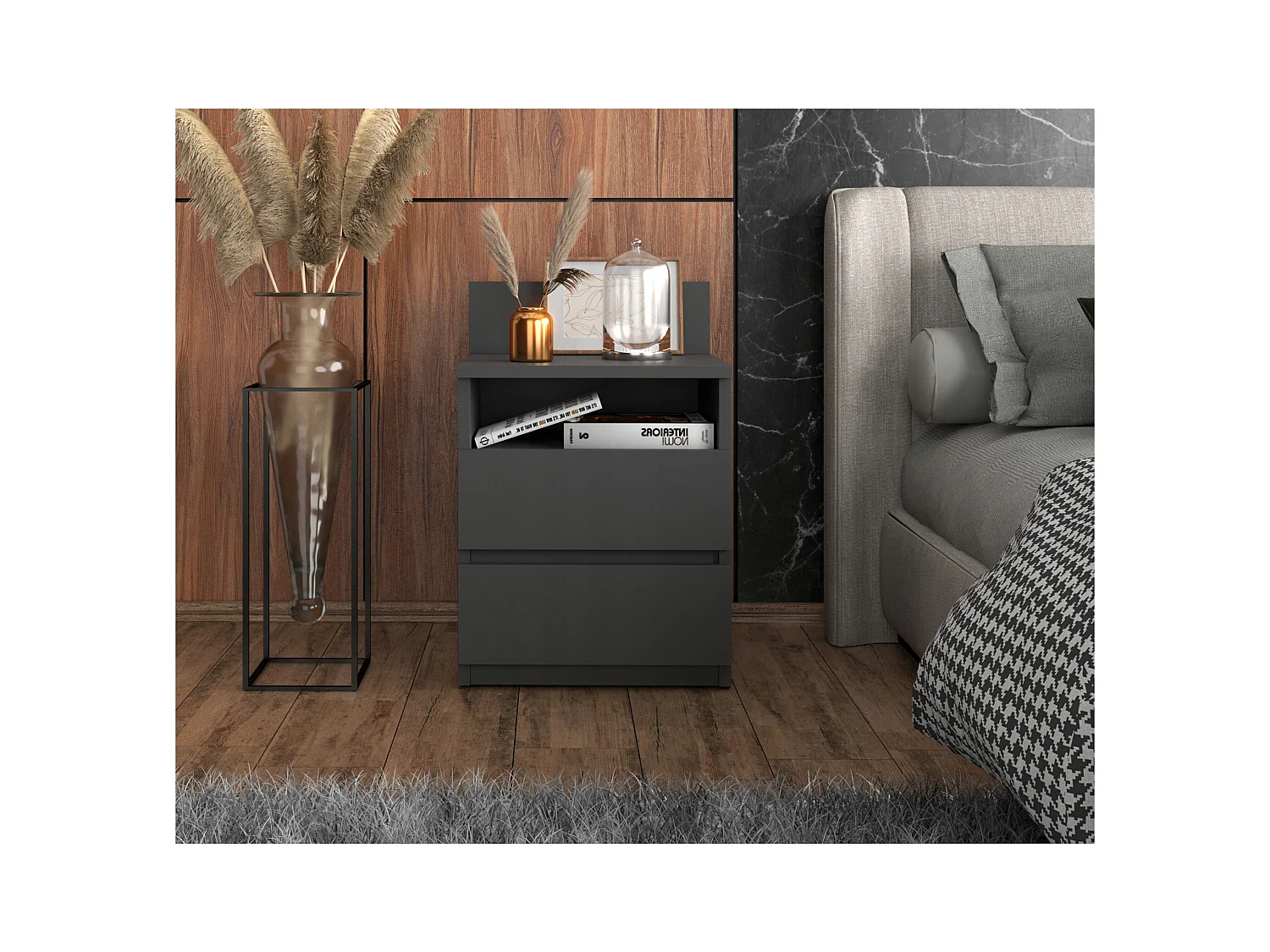 Table de chevet gris 40 cm, 2 tiroirs, meuble de nuit pour chambre à coucher