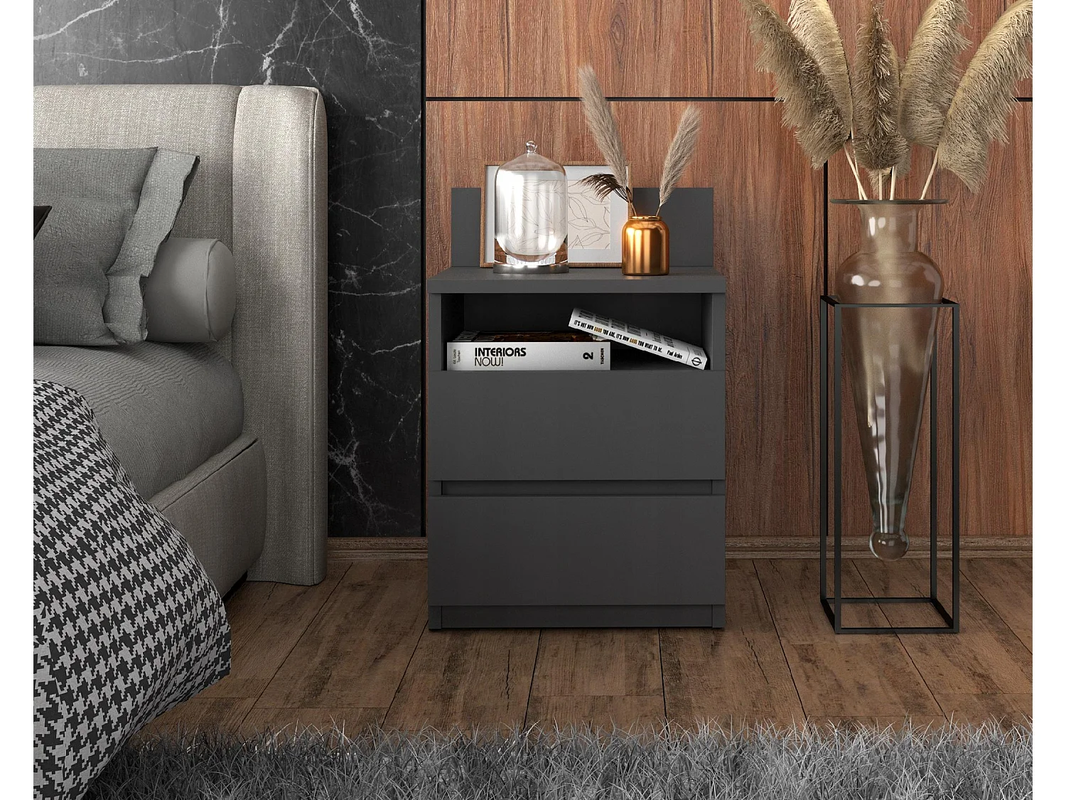 Table de chevet gris 40 cm, 2 tiroirs, meuble de nuit pour chambre à coucher