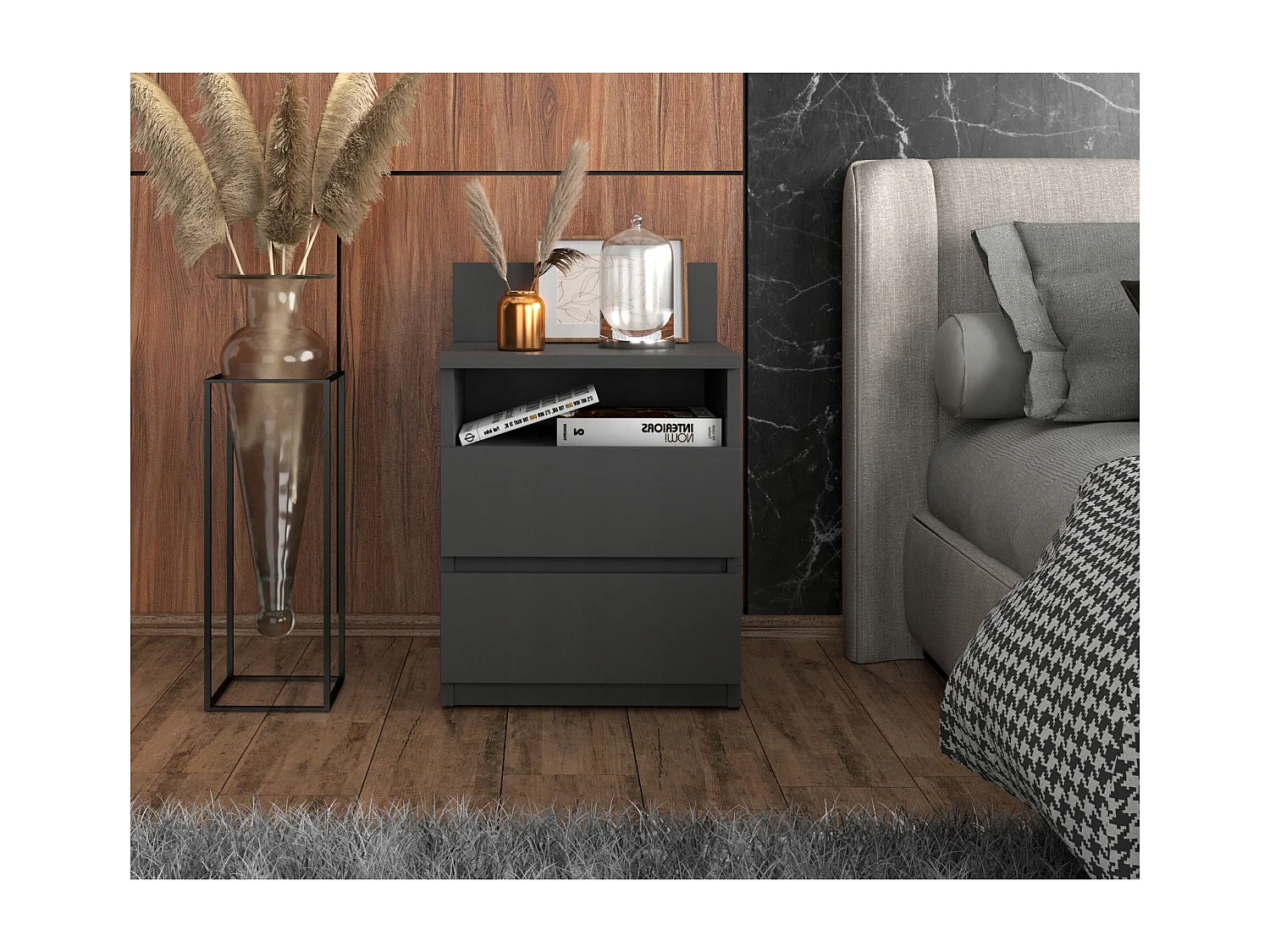 Table de chevet gris 40 cm, 2 tiroirs, meuble de nuit pour chambre à coucher