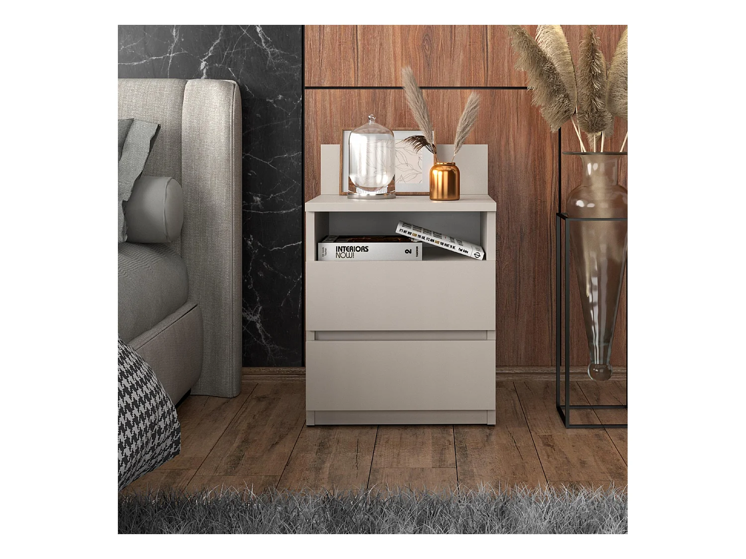 Table de chevet cachemire /taupe, 40 cm, 2 tiroirs, meuble de nuit pour chambre à coucher